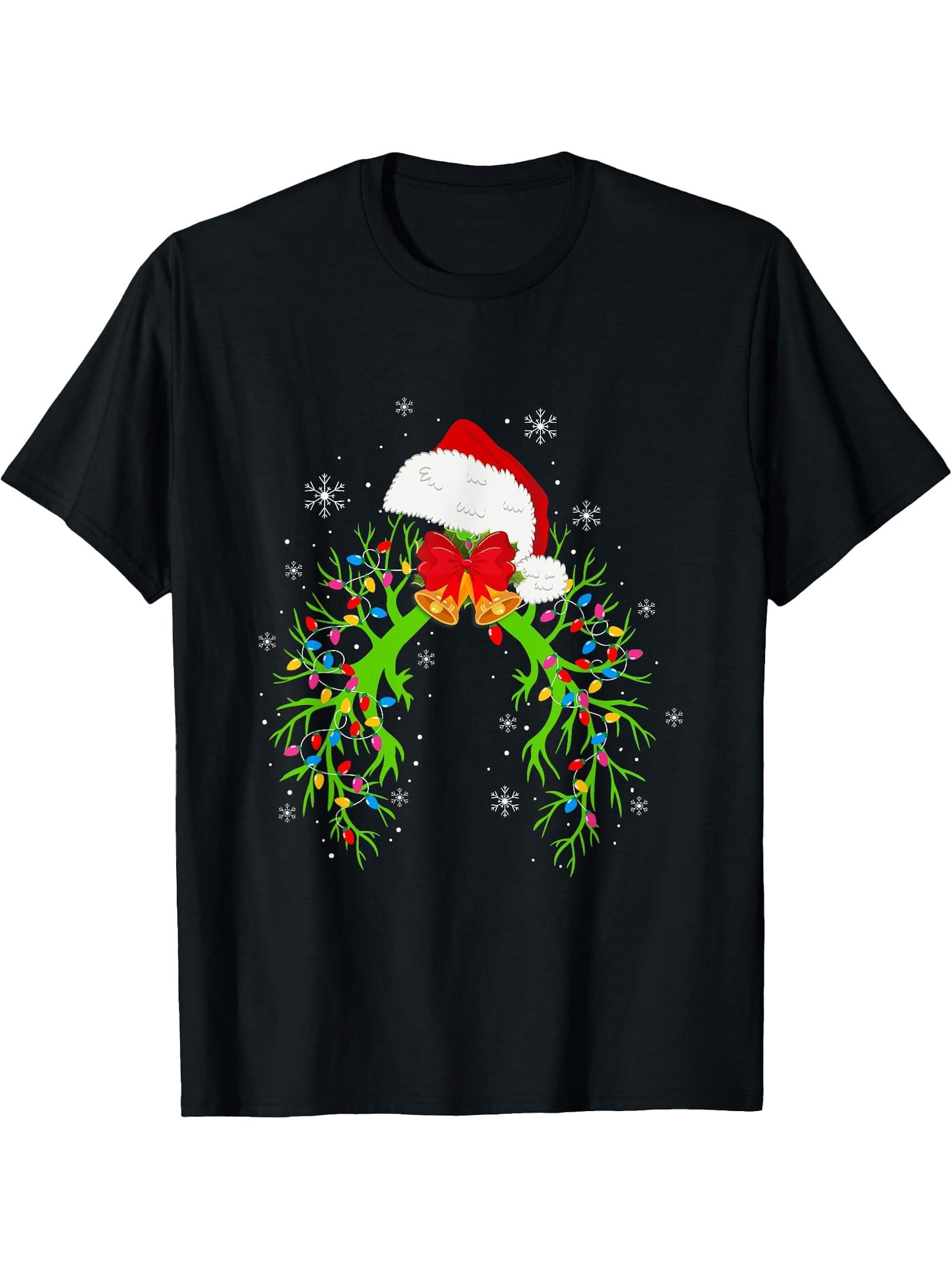 Funny Christmas Nurse Respiratory Therapist Lung Santa Hat T-Shirt 180G 100% Cotton Printed Round Neck Short-Sleeve T-Shirt, Gifts for Men Dad Husband Grandpa, S-XXXL, Black
