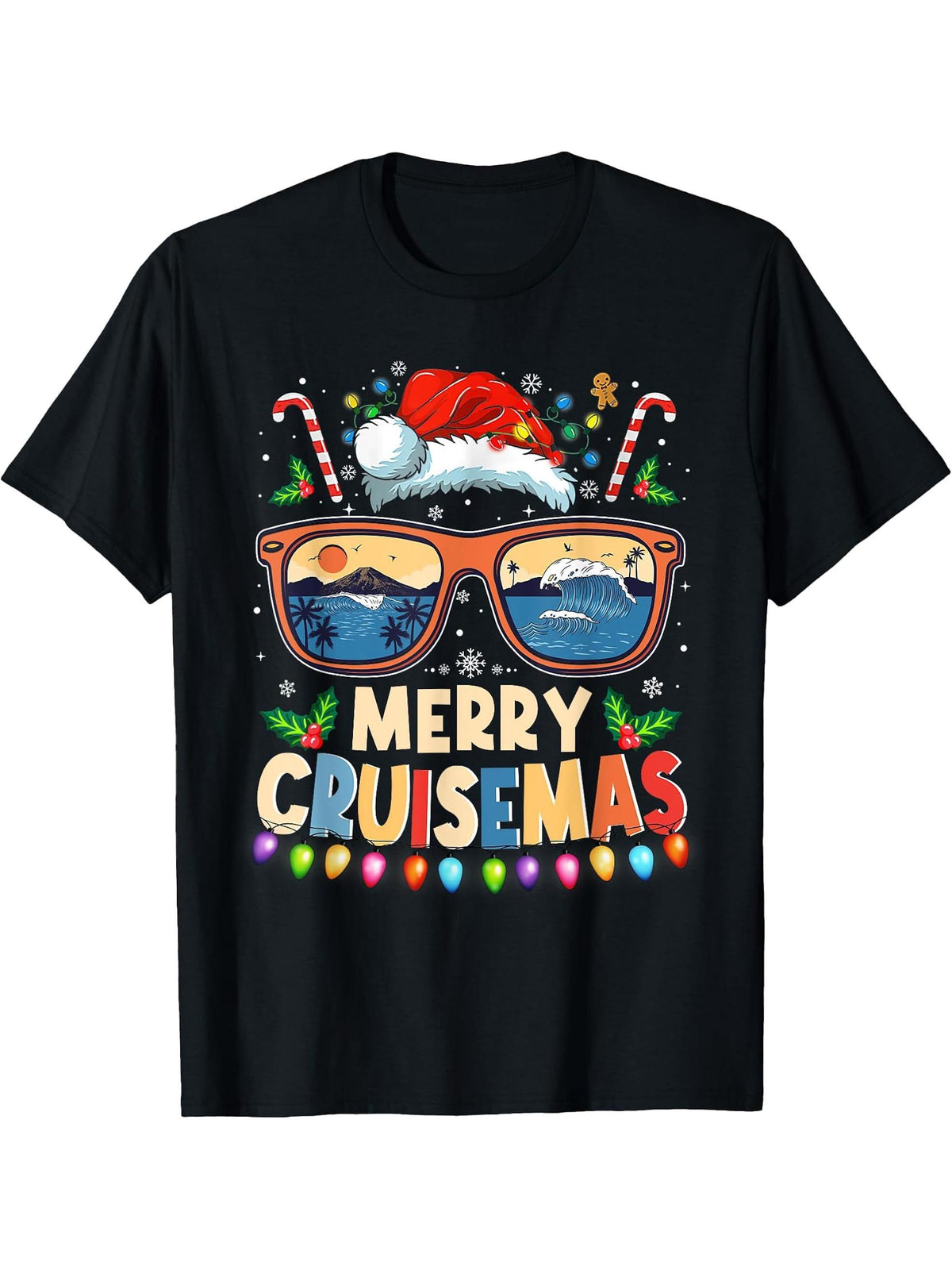 Merry Cruisemas 2024 Funny Christmas Santa Reindeer Cruise T-Shirt 180G 100% Cotton Printed Round Neck Short-Sleeve T-Shirt, Gifts for Men Dad Husband Grandpa, S-XXXL, Black