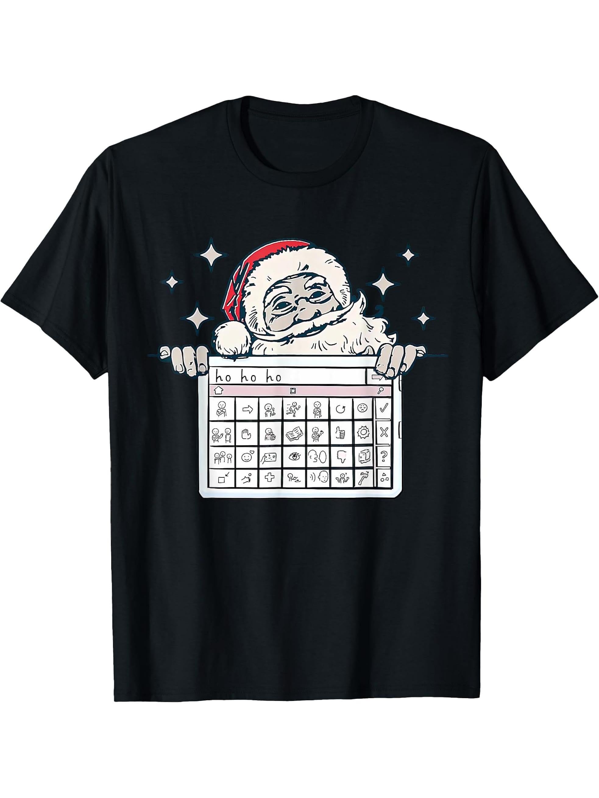 Retro Ho Ho Ho Santa Claus Special Education AAC Christmas T-Shirt 180G 100% Cotton Printed Round Neck Short-Sleeve T-Shirt, Gifts for Men Dad Husband Grandpa, S-XXXL, Black
