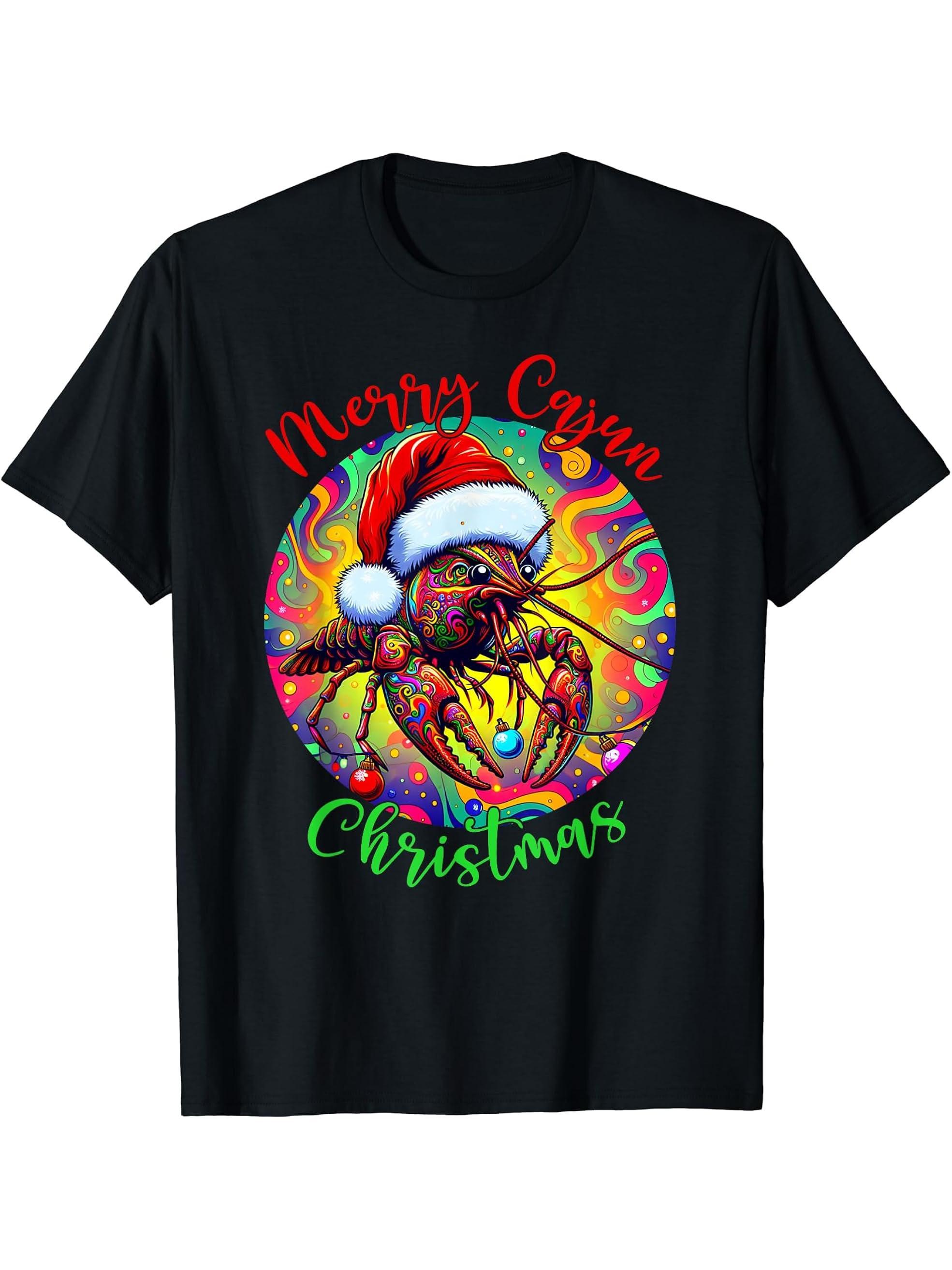 Merry Cajun Christmas Crawfish Santa Claus T-Shirt 180G 100% Cotton Printed Round Neck Short-Sleeve T-Shirt, Gifts for Men Dad Husband Grandpa, S-XXXL, Black