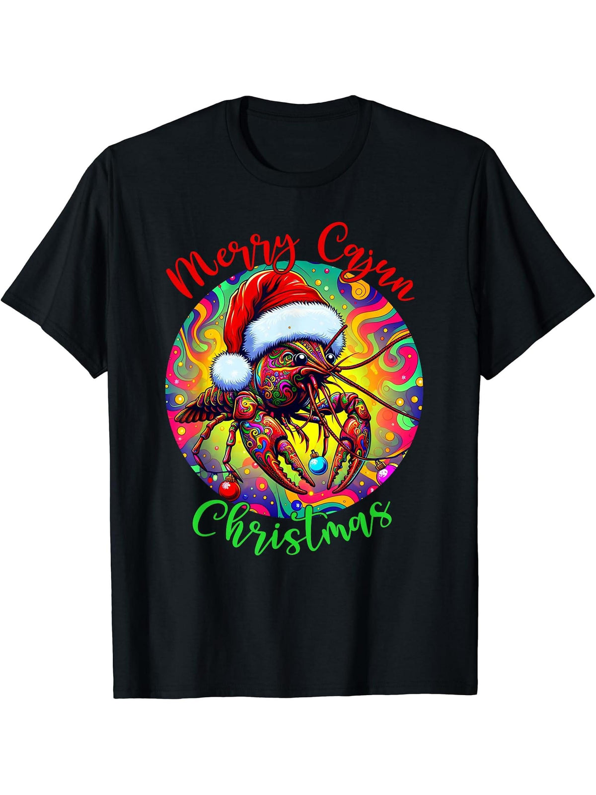 Merry Cajun Christmas Crawfish Santa Claus T-Shirt 180G 100% Cotton Printed Round Neck Short-Sleeve T-Shirt, Gifts for Men Dad Husband Grandpa, S-XXXL, Black