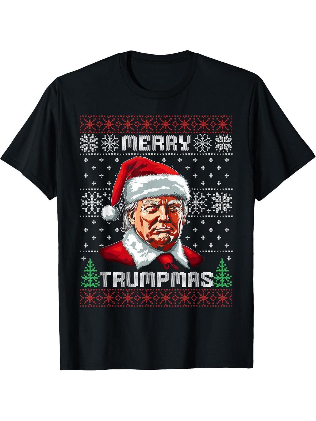 Merry Trumpmas Santa Trump Christmas Vintage Ugly Sweater T-Shirt 180G 100% Cotton Printed Round Neck Short-Sleeve T-Shirt, Gifts for Men Dad Husband Grandpa, S-XXXL, Black