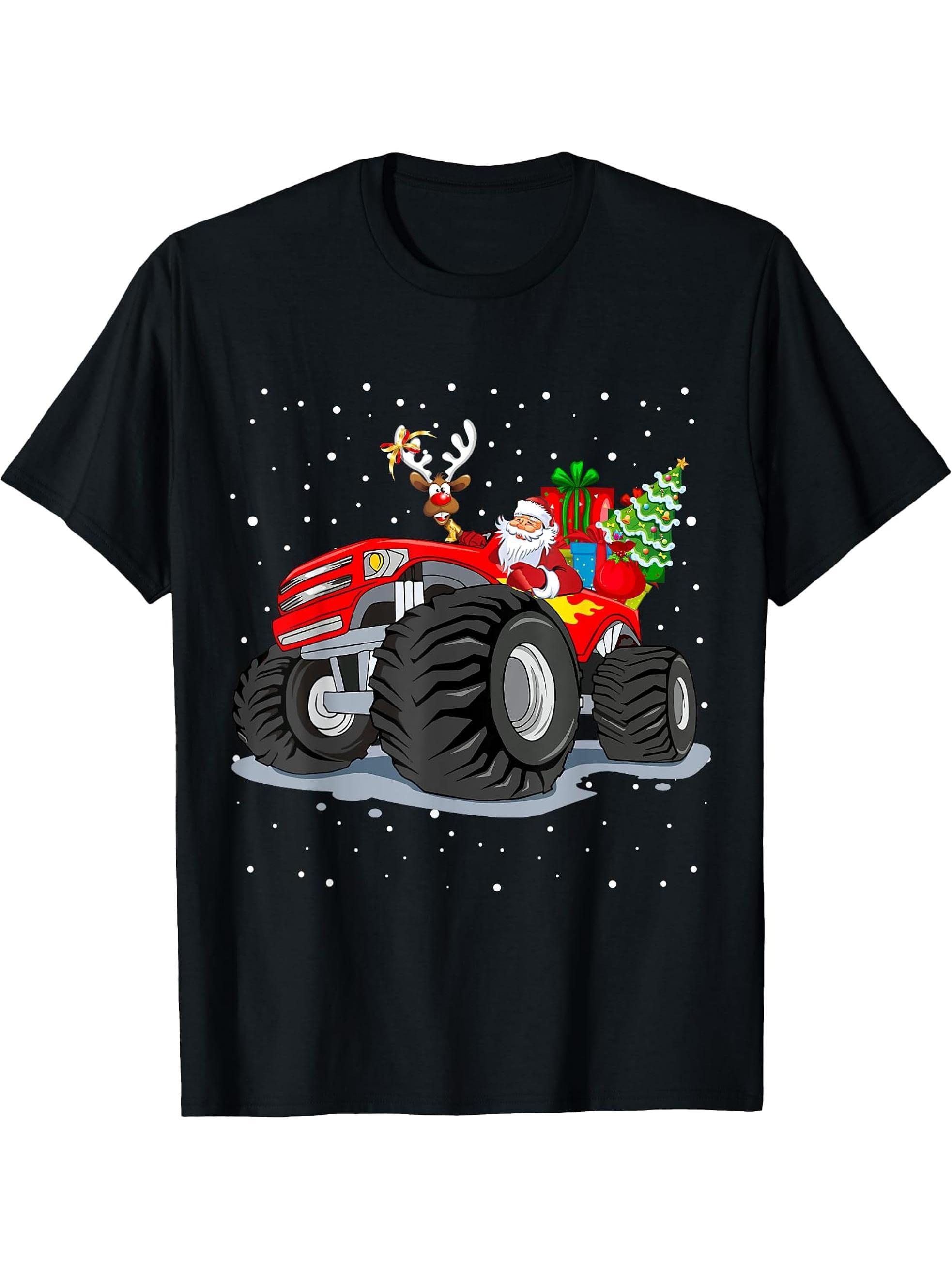 Christmas Santa Monster Truck Xmas Boys Boy Girl Toddler Youth T-Shirt 180G 100% Cotton Printed Round Neck Short-Sleeve T-Shirt, Gifts for Men Dad Husband Grandpa, S-XXXL, Black