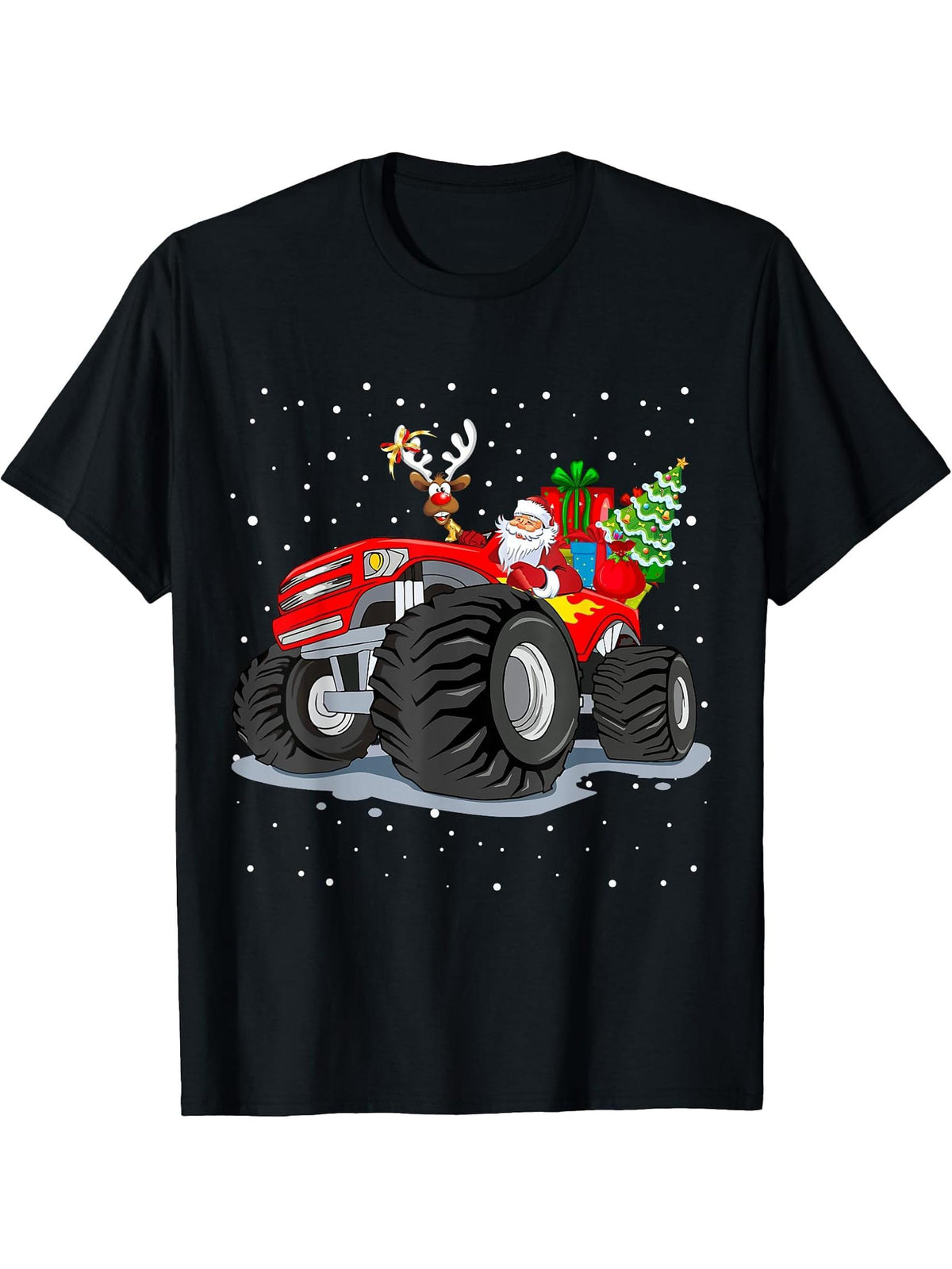 Christmas Santa Monster Truck Xmas Boys Boy Girl Toddler Youth T-Shirt 180G 100% Cotton Printed Round Neck Short-Sleeve T-Shirt, Gifts for Men Dad Husband Grandpa, S-XXXL, Black