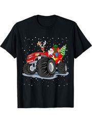 Christmas Santa Monster Truck Xmas Boys Boy Girl Toddler Youth T-Shirt 180G 100% Cotton Printed Round Neck Short-Sleeve T-Shirt, Gifts for Men Dad Husband Grandpa, S-XXXL, Black