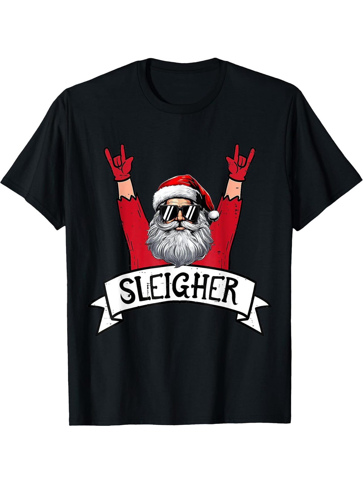 Sleigher Santa Rock Xmas Rocker Men Women Boy Girl Boy T-Shirt 180G 100% Cotton Printed Round Neck Short-Sleeve T-Shirt, Gifts for Men Dad Husband Grandpa, S-XXXL, Black