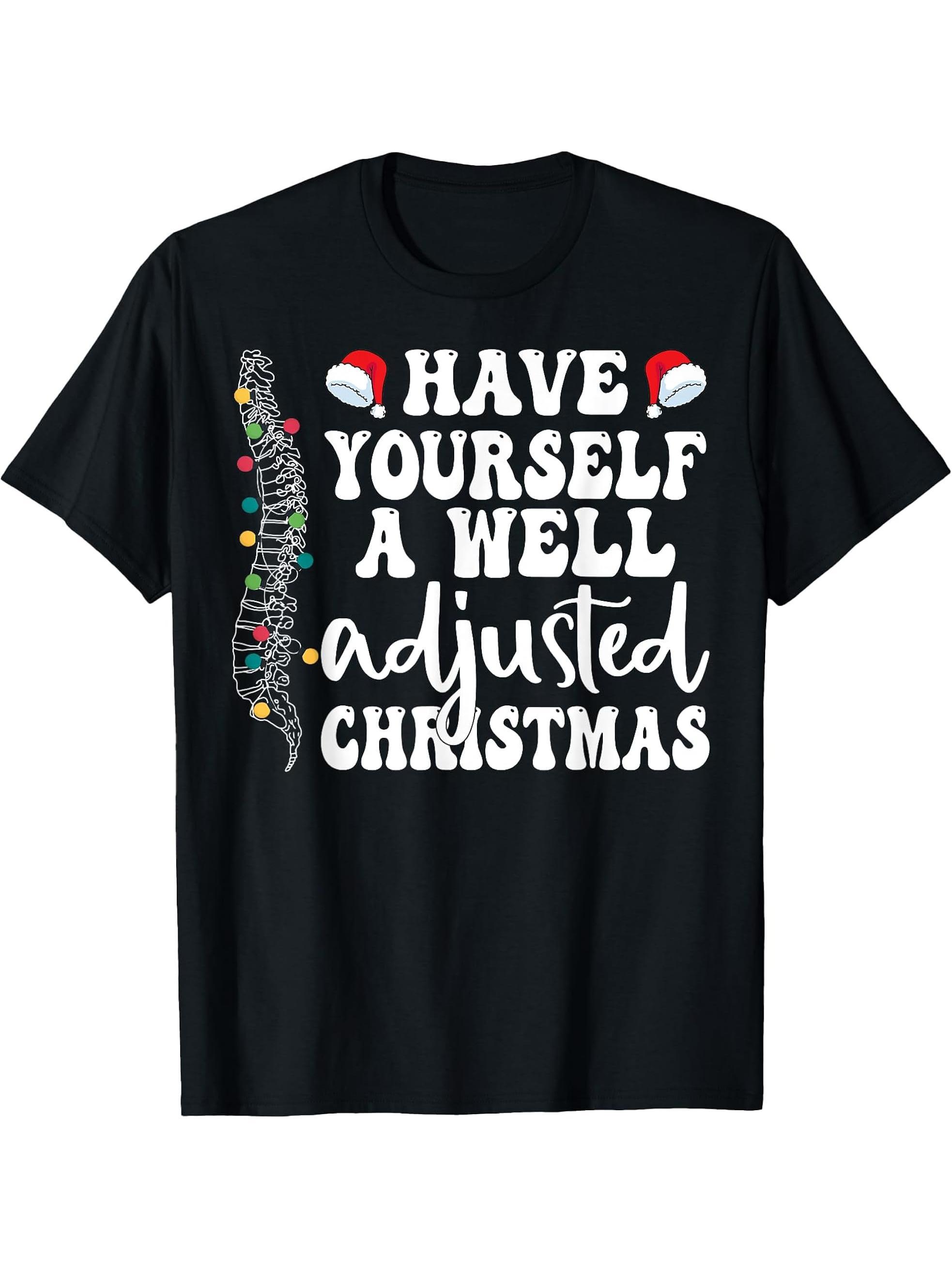 Well Adjusted Christmas Chiropractic Santa Chiro Christmas T-Shirt 180G 100% Cotton Printed Round Neck Short-Sleeve T-Shirt, Gifts for Men Dad Husband Grandpa, S-XXXL, Black