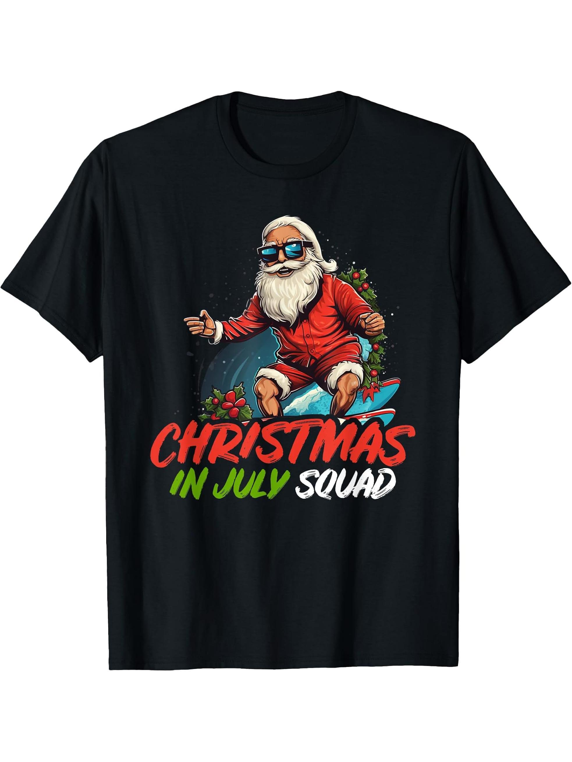 | Summer Santa Claus Beach Hawaii Surf T-Shirt 180G 100% Cotton Printed Round Neck Short-Sleeve T-Shirt, Gifts for Men Dad Husband Grandpa, S-XXXL, Black