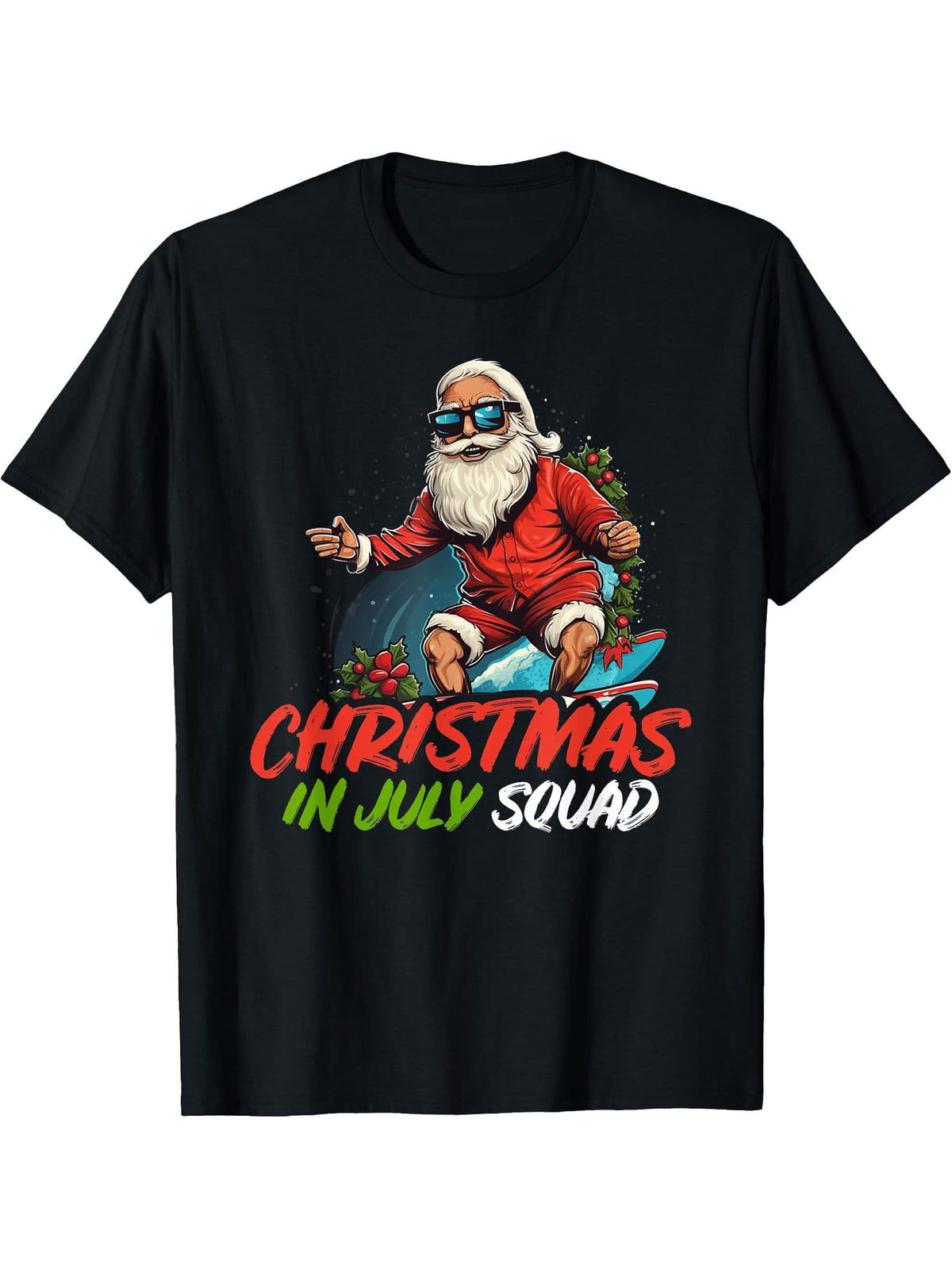 | Summer Santa Claus Beach Hawaii Surf T-Shirt 180G 100% Cotton Printed Round Neck Short-Sleeve T-Shirt, Gifts for Men Dad Husband Grandpa, S-XXXL, Black