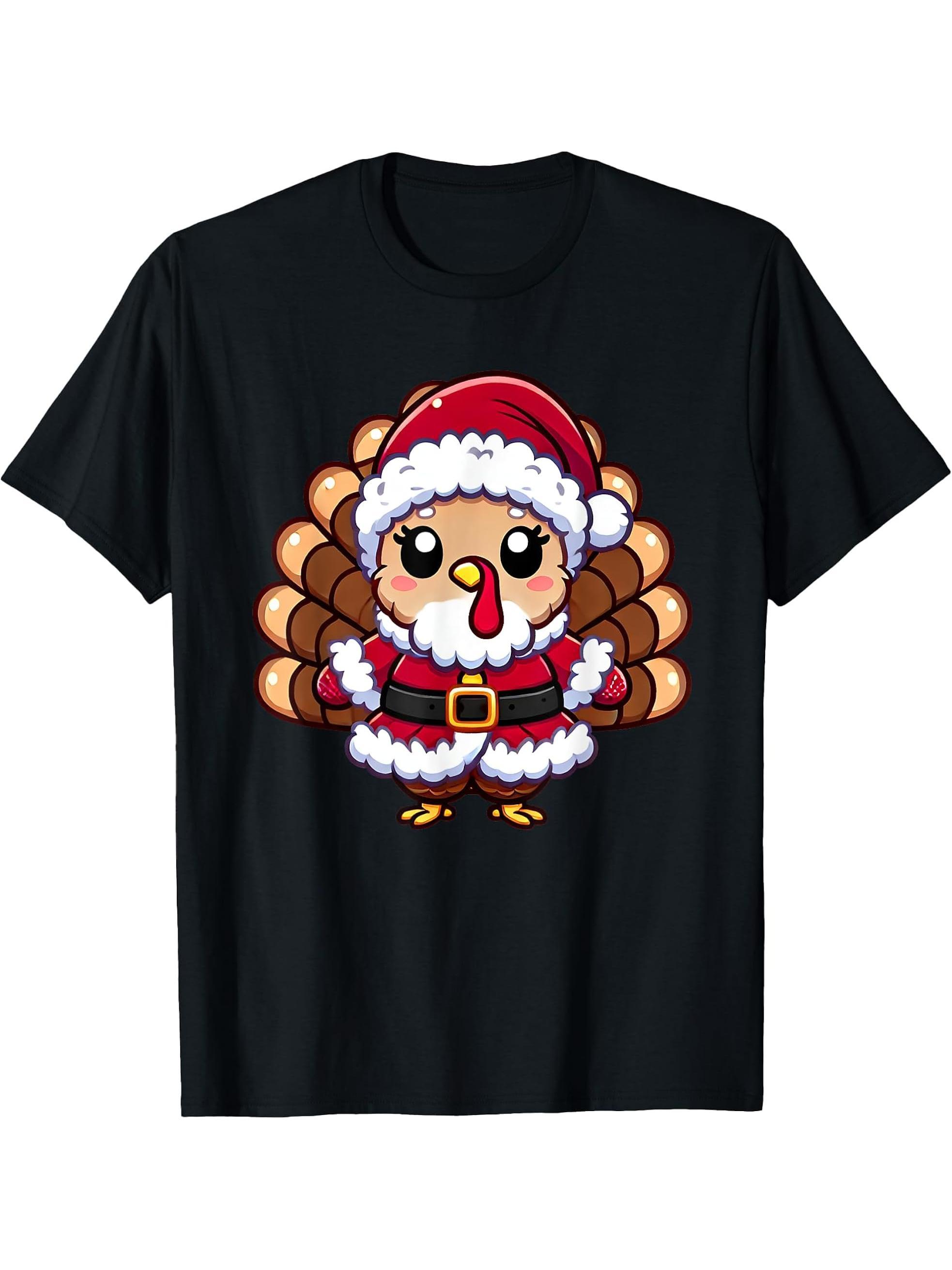 Thanksgiving Turkey In Santa Disguise Funny Humor T-Shirt 180G 100% Cotton Printed Round Neck Short-Sleeve T-Shirt, Gifts for Men Dad Husband Grandpa, S-XXXL, Black