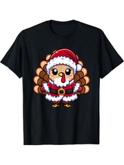 Thanksgiving Turkey In Santa Disguise Funny Humor T-Shirt 180G 100% Cotton Printed Round Neck Short-Sleeve T-Shirt, Gifts for Men Dad Husband Grandpa, S-XXXL, Black