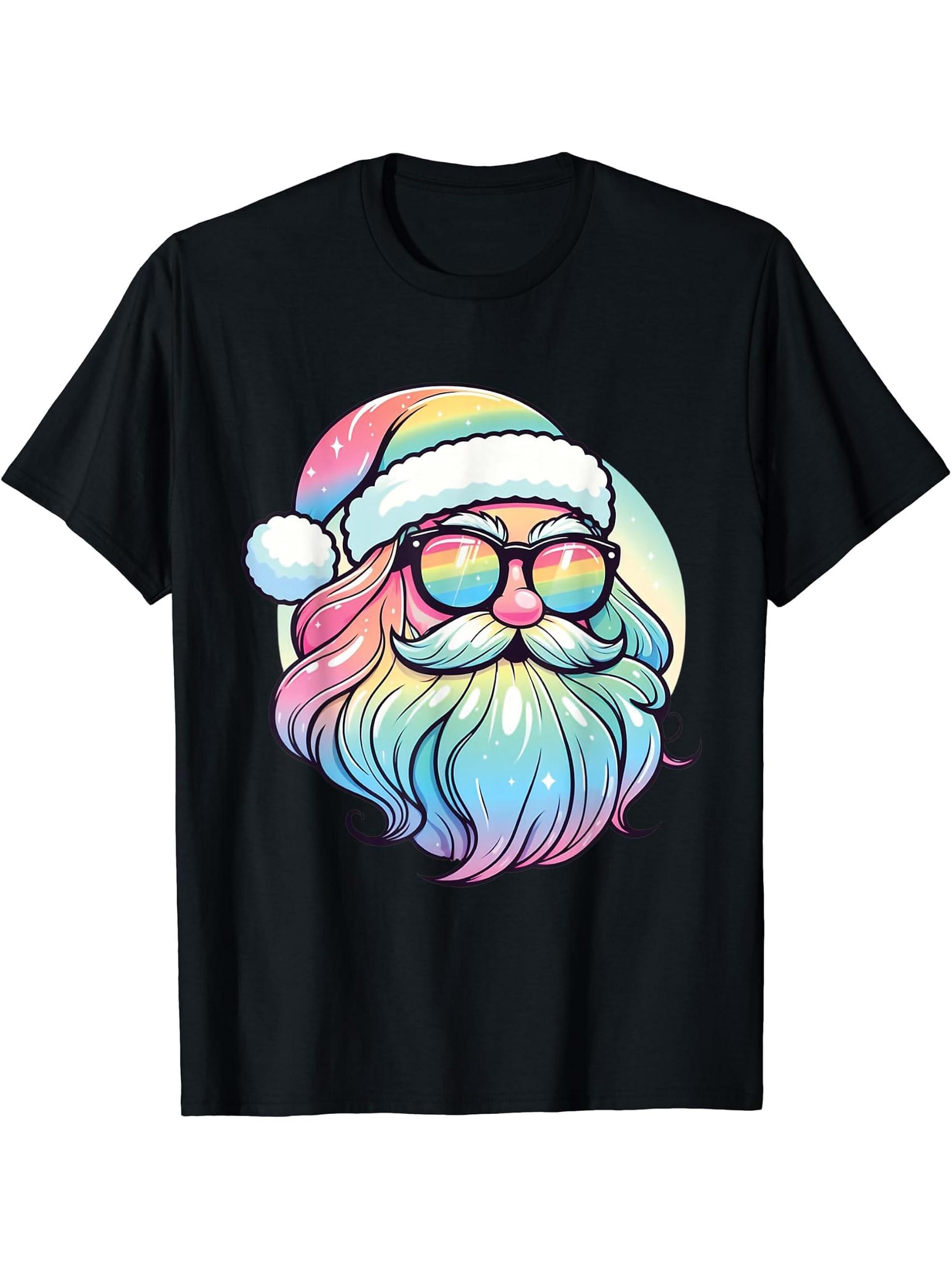 Santa Face Retro Sunglasses Christmas Xmas Men Women T-Shirt 180G 100% Cotton Printed Round Neck Short-Sleeve T-Shirt, Gifts for Men Dad Husband Grandpa, S-XXXL, Black