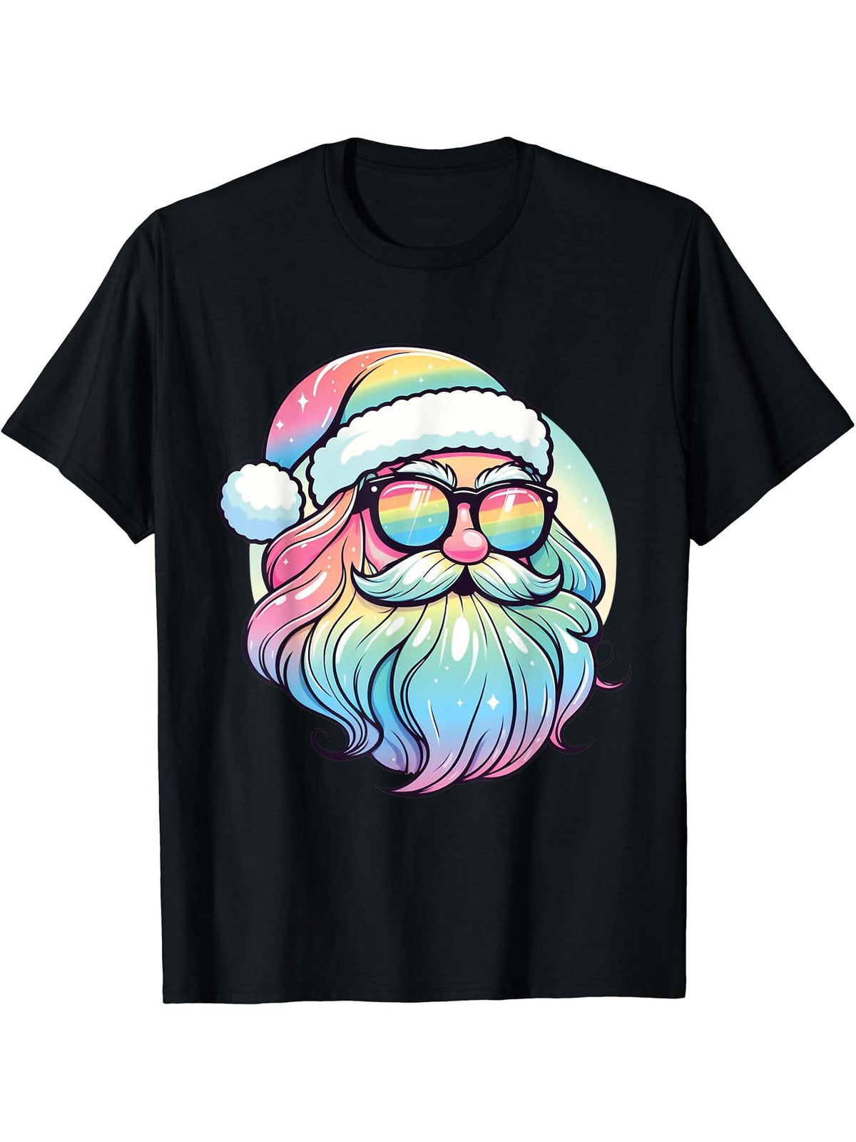 Santa Face Retro Sunglasses Christmas Xmas Men Women T-Shirt 180G 100% Cotton Printed Round Neck Short-Sleeve T-Shirt, Gifts for Men Dad Husband Grandpa, S-XXXL, Black