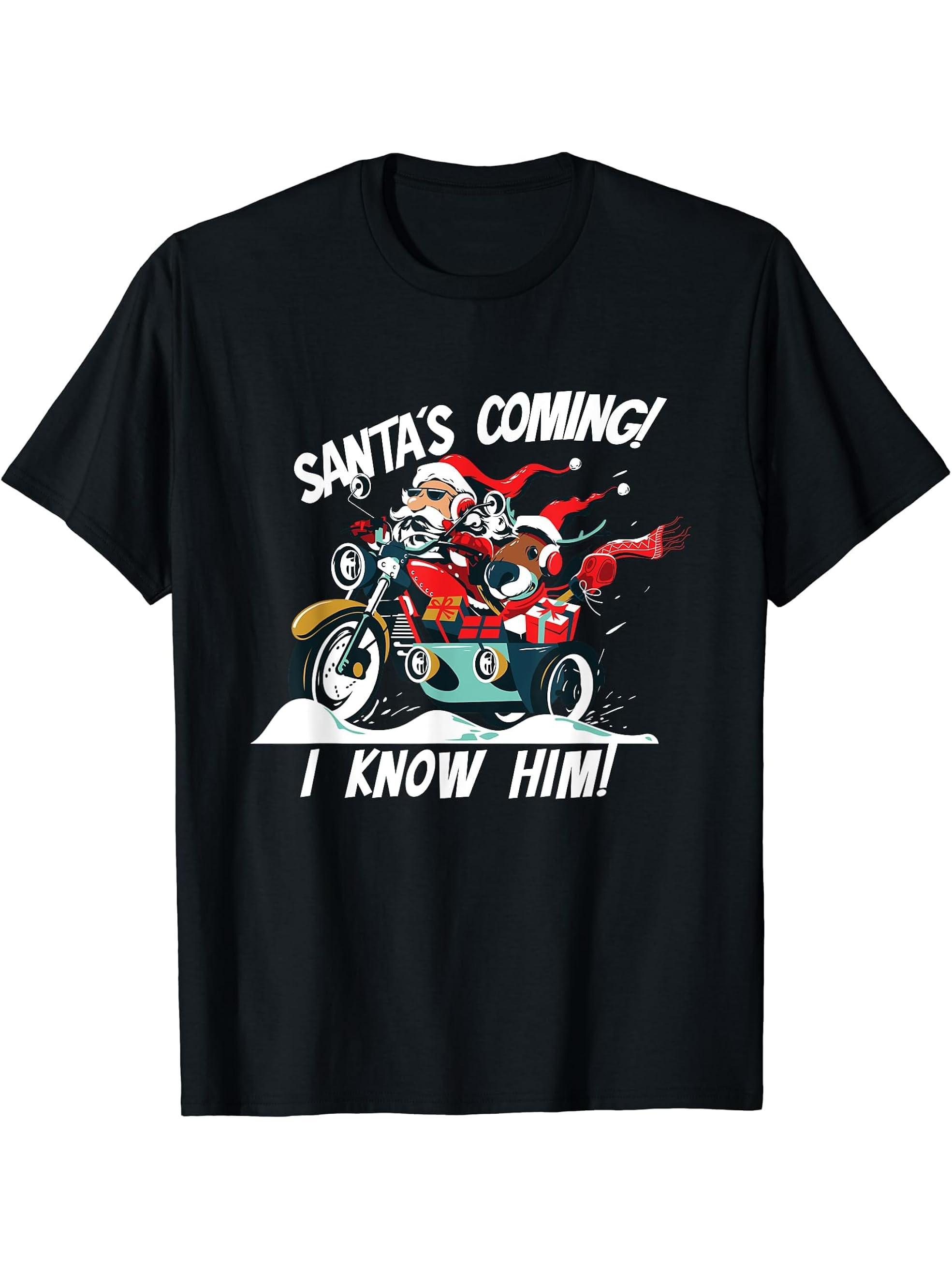 Santa's Coming I Know Him | Funny Santa Moose On Motorcycle T-Shirt 180G 100% Cotton Printed Round Neck Short-Sleeve T-Shirt, Gifts for Men Dad Husband Grandpa, S-XXXL, Black