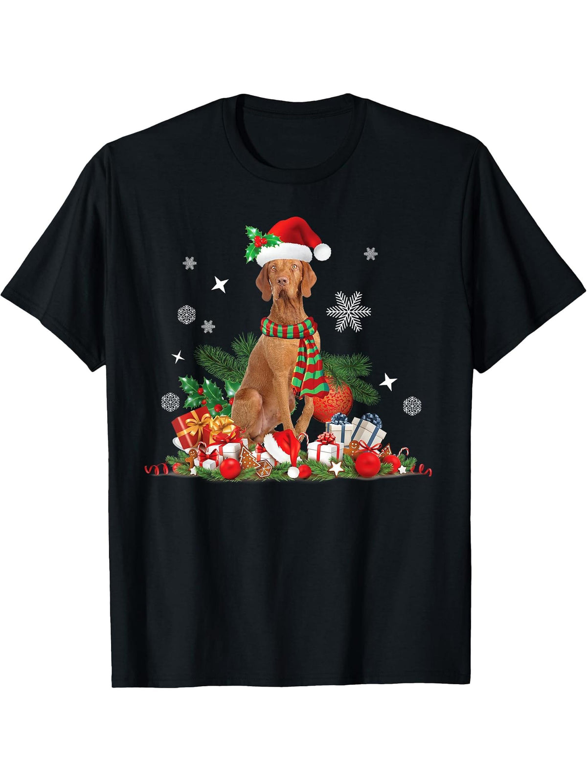 Christmas Vizsla Dog, Santa Hat, Lights, Presents T-Shirt 180G 100% Cotton Printed Round Neck Short-Sleeve T-Shirt, Gifts for Men Dad Husband Grandpa, S-XXXL, Black