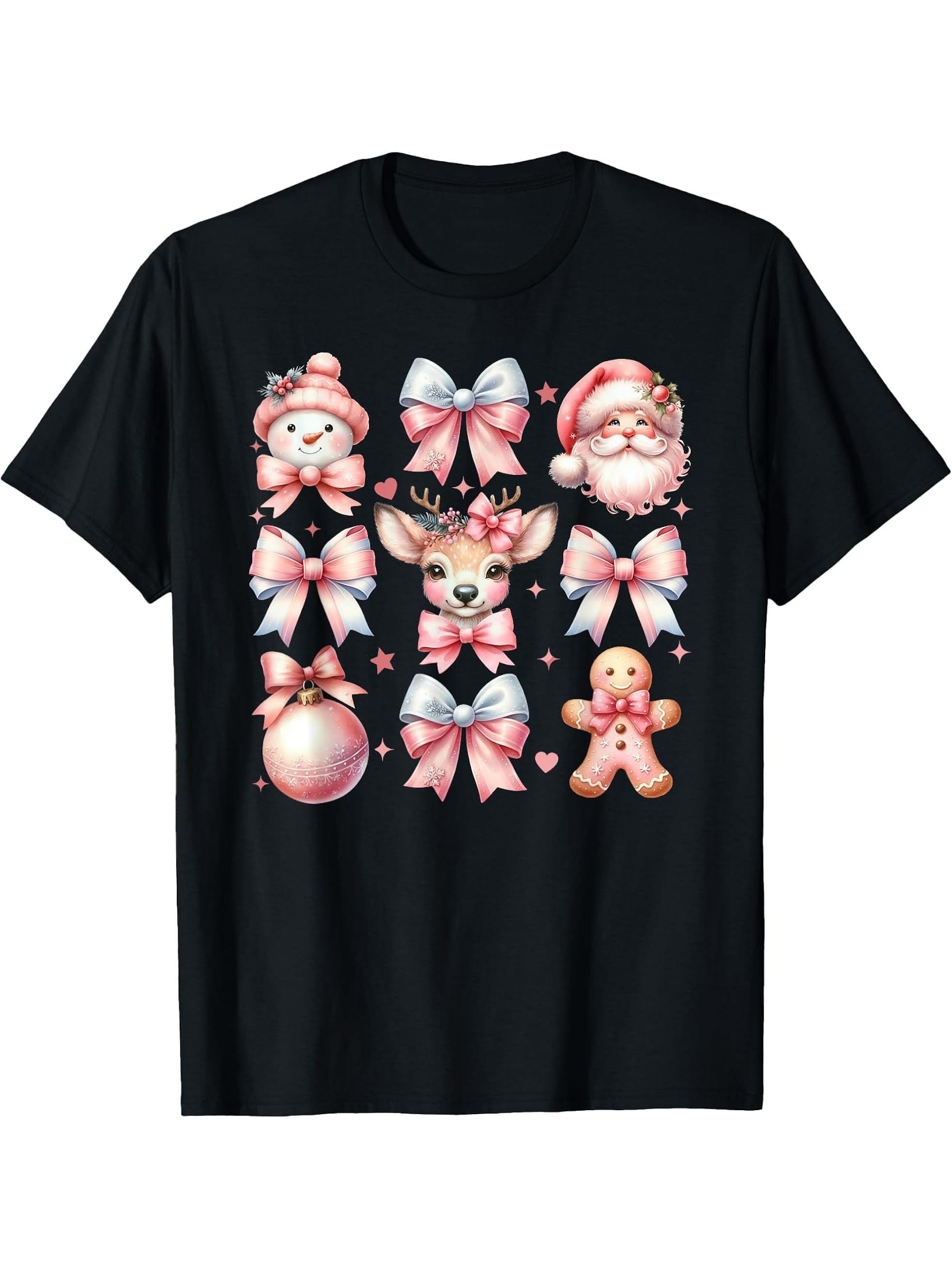 Vintage Pink Bow Christmas Coquette Bow Reindeer Santa Claus T-Shirt 180G 100% Cotton Printed Round Neck Short-Sleeve T-Shirt, Gifts for Men Dad Husband Grandpa, S-XXXL, Black
