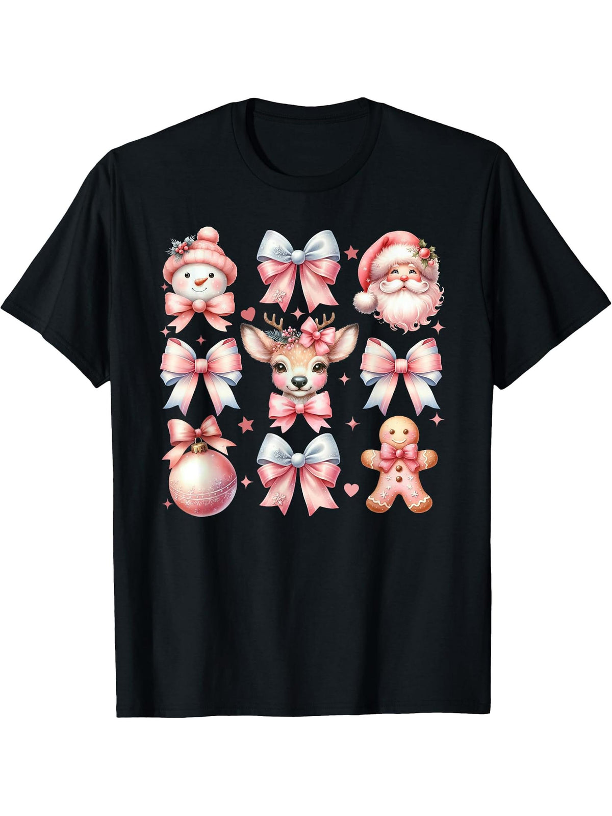 Vintage Pink Bow Christmas Coquette Bow Reindeer Santa Claus T-Shirt 180G 100% Cotton Printed Round Neck Short-Sleeve T-Shirt, Gifts for Men Dad Husband Grandpa, S-XXXL, Black