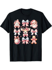 Vintage Pink Bow Christmas Coquette Bow Reindeer Santa Claus T-Shirt 180G 100% Cotton Printed Round Neck Short-Sleeve T-Shirt, Gifts for Men Dad Husband Grandpa, S-XXXL, Black