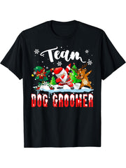 Team Dog Groomer Funny Christmas Dabbing ELF Santa Reindeer T-Shirt 180G 100% Cotton Printed Round Neck Short-Sleeve T-Shirt, Gifts for Men Dad Husband Grandpa, S-XXXL, Black