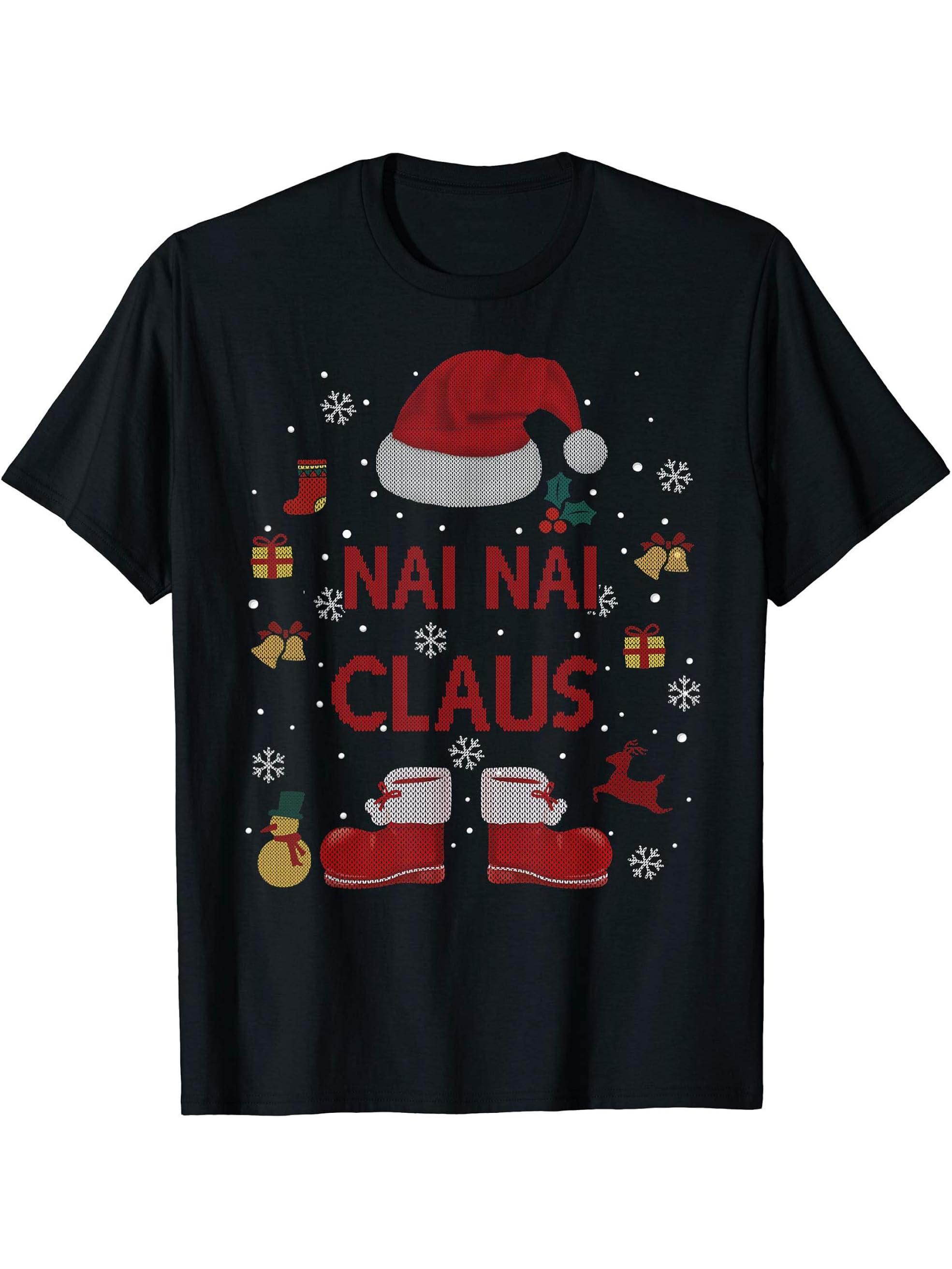 Funny Santa Costume Nai Nai Claus Xmas Pyjama Tee T-Shirt 180G 100% Cotton Printed Round Neck Short-Sleeve T-Shirt, Gifts for Men Dad Husband Grandpa, S-XXXL, Black