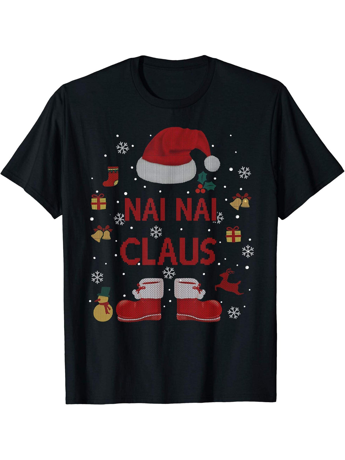 Funny Santa Costume Nai Nai Claus Xmas Pyjama Tee T-Shirt 180G 100% Cotton Printed Round Neck Short-Sleeve T-Shirt, Gifts for Men Dad Husband Grandpa, S-XXXL, Black