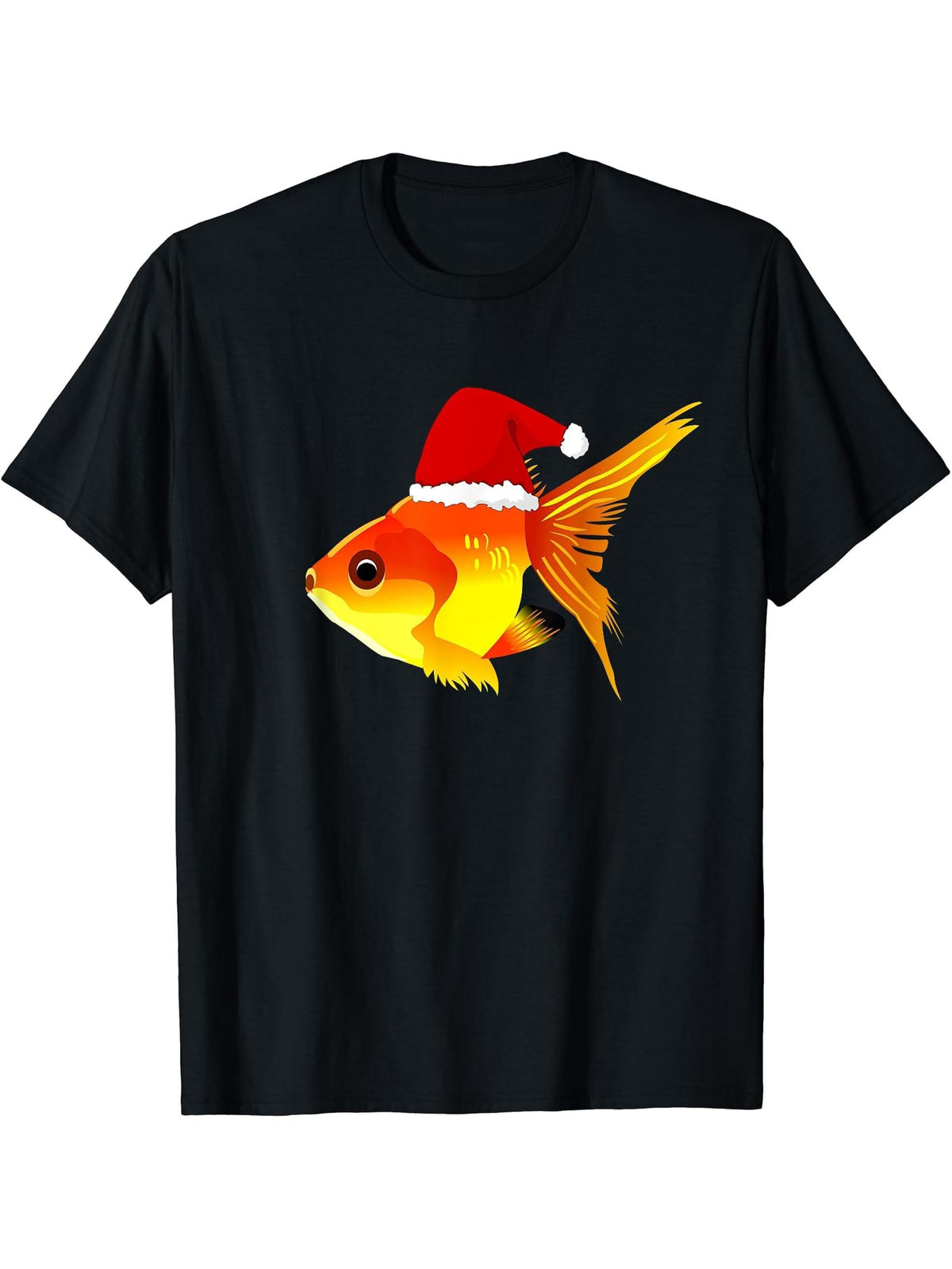 Funny Goldfish Christmas Shirt Santa Hat Pet Fish Gift T-Shirt 180G 100% Cotton Printed Round Neck Short-Sleeve T-Shirt, Gifts for Men Dad Husband Grandpa, S-XXXL, Black