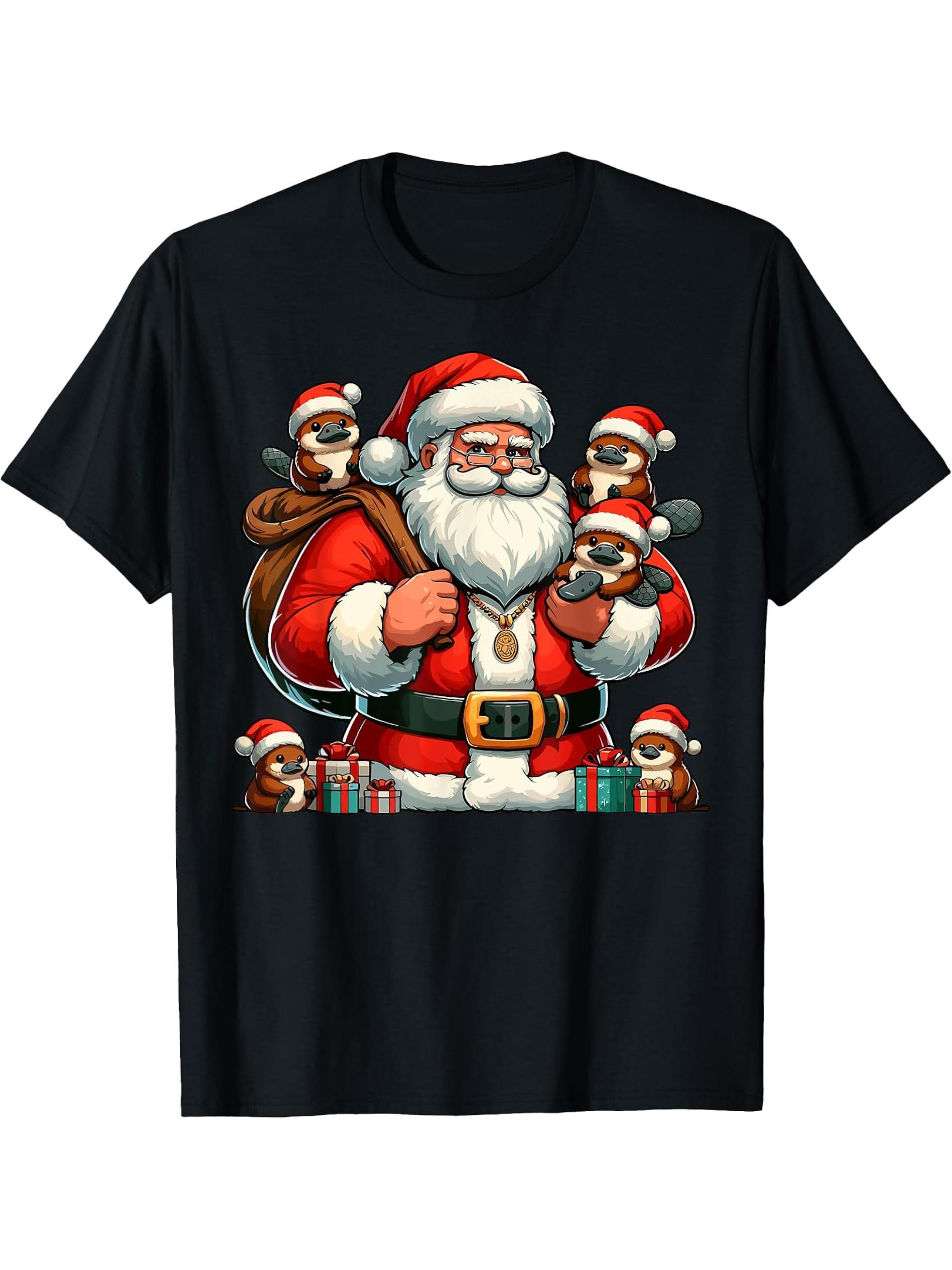 American Santa Claus Holding Platypus Present Xmas T-Shirt 180G 100% Cotton Printed Round Neck Short-Sleeve T-Shirt, Gifts for Men Dad Husband Grandpa, S-XXXL, Black