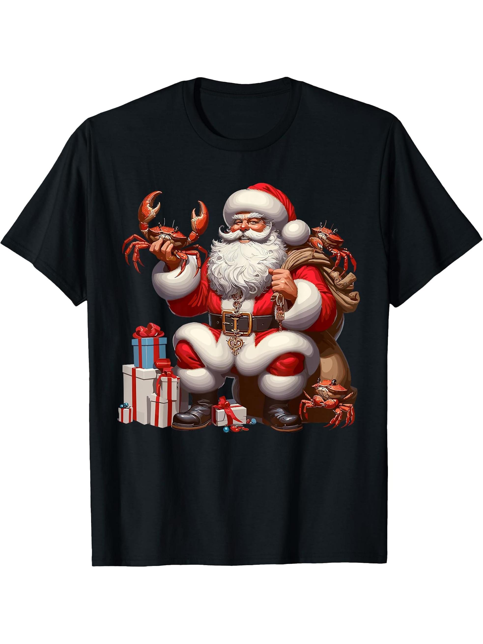 American Santa Claus Holding Crab Present Xmas T-Shirt 180G 100% Cotton Printed Round Neck Short-Sleeve T-Shirt, Gifts for Men Dad Husband Grandpa, S-XXXL, Black