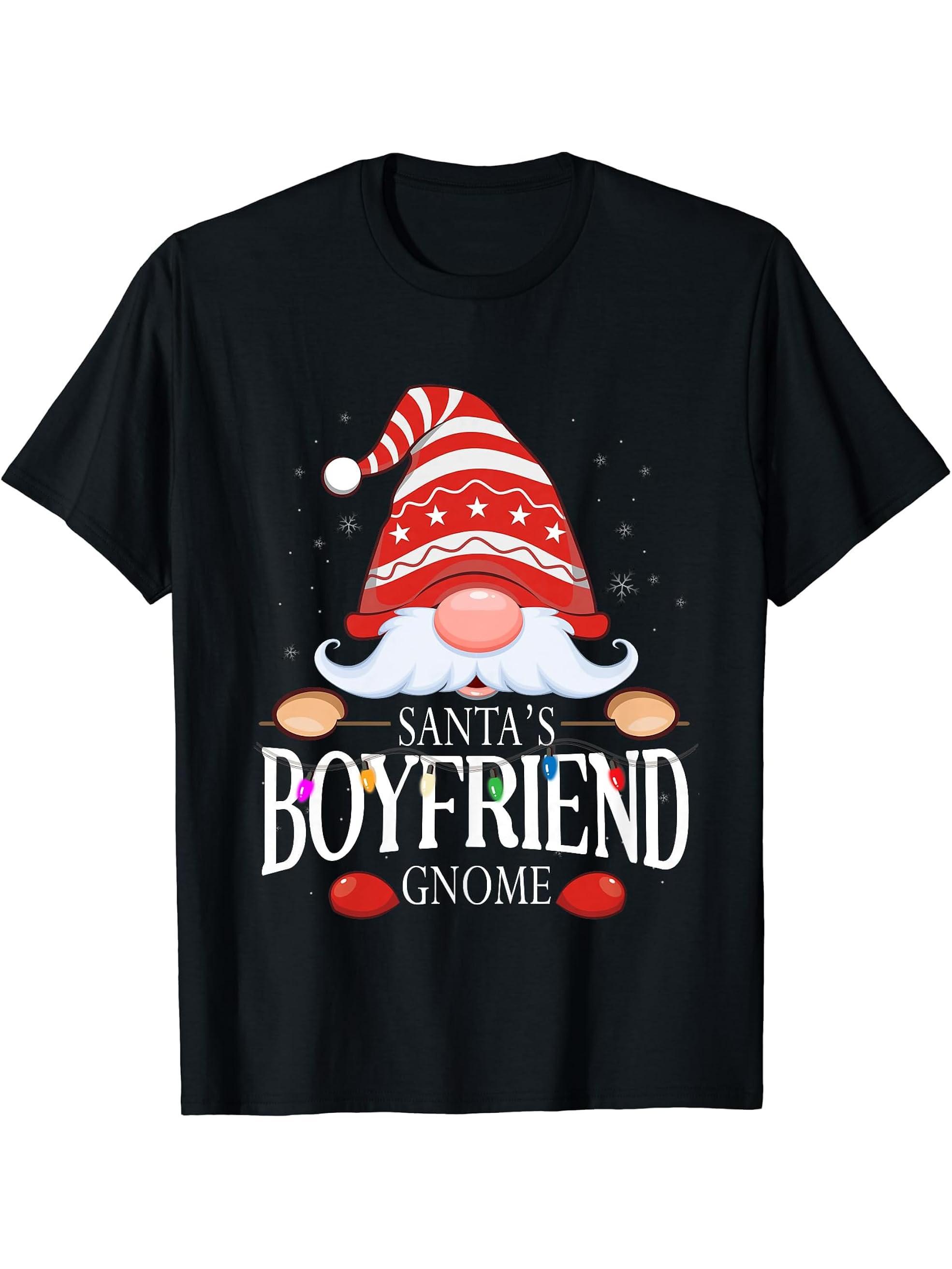 Santa's Boyfriend Gnome Matching Christmas Pajama T-Shirt 180G 100% Cotton Printed Round Neck Short-Sleeve T-Shirt, Gifts for Men Dad Husband Grandpa, S-XXXL, Black