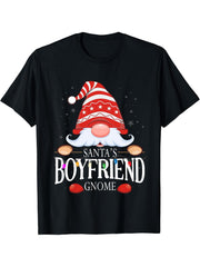 Santa's Boyfriend Gnome Matching Christmas Pajama T-Shirt 180G 100% Cotton Printed Round Neck Short-Sleeve T-Shirt, Gifts for Men Dad Husband Grandpa, S-XXXL, Black