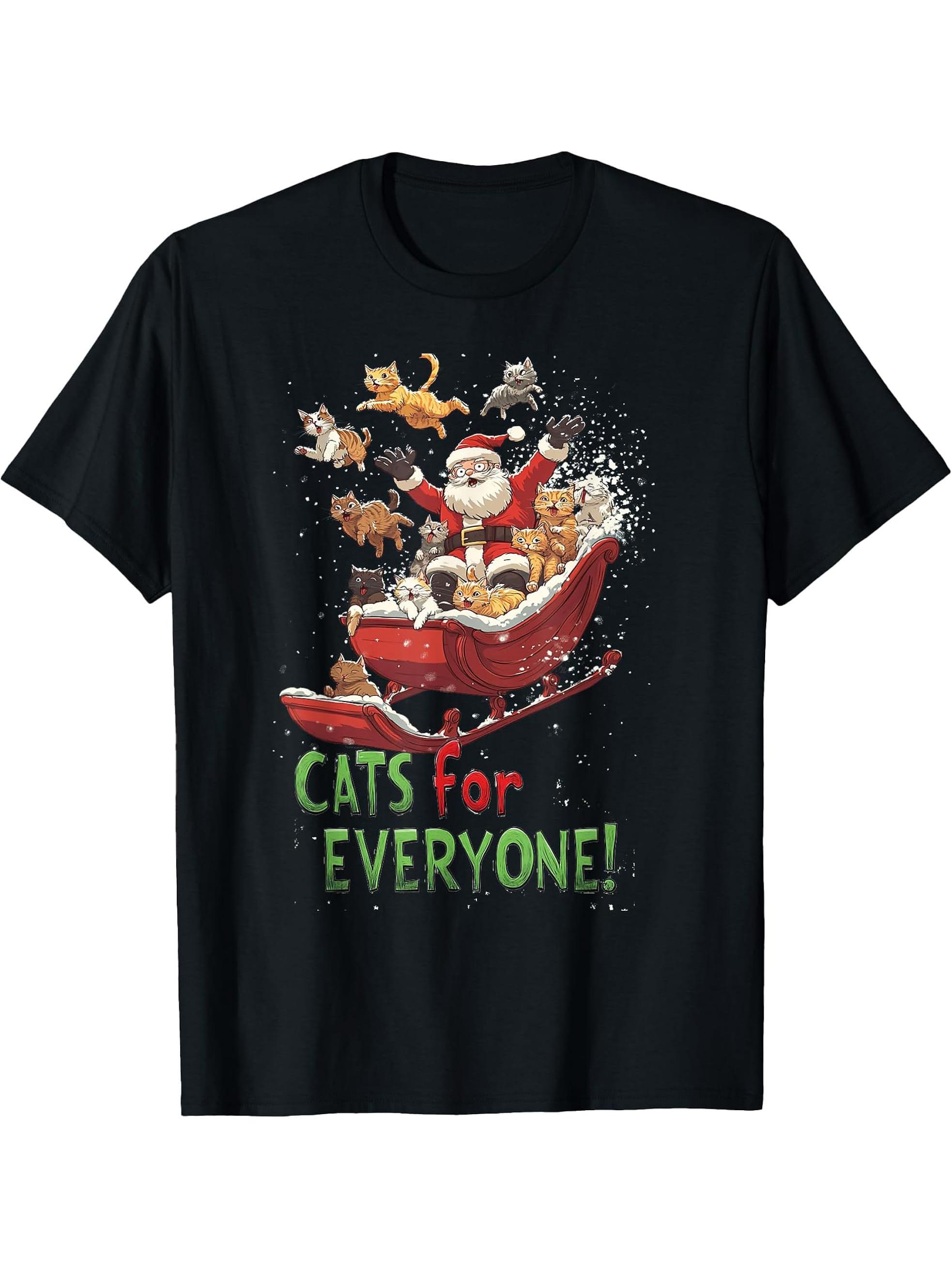 Funny Xmas Cat Women Christmas Cats For Everybody Santa T-Shirt 180G 100% Cotton Printed Round Neck Short-Sleeve T-Shirt, Gifts for Men Dad Husband Grandpa, S-XXXL, Black