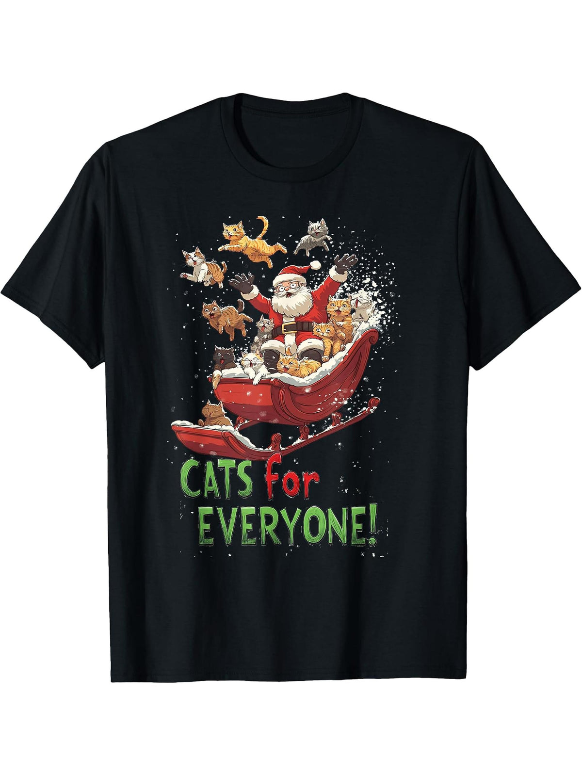 Funny Xmas Cat Women Christmas Cats For Everybody Santa T-Shirt 180G 100% Cotton Printed Round Neck Short-Sleeve T-Shirt, Gifts for Men Dad Husband Grandpa, S-XXXL, Black