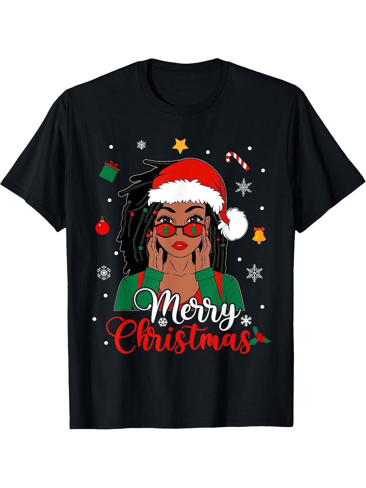 Loc'd Hair Melanin Black Woman Merry Christmas Santa Hat T-Shirt 180G 100% Cotton Printed Round Neck Short-Sleeve T-Shirt, Gifts for Men Dad Husband Grandpa, S-XXXL, Black