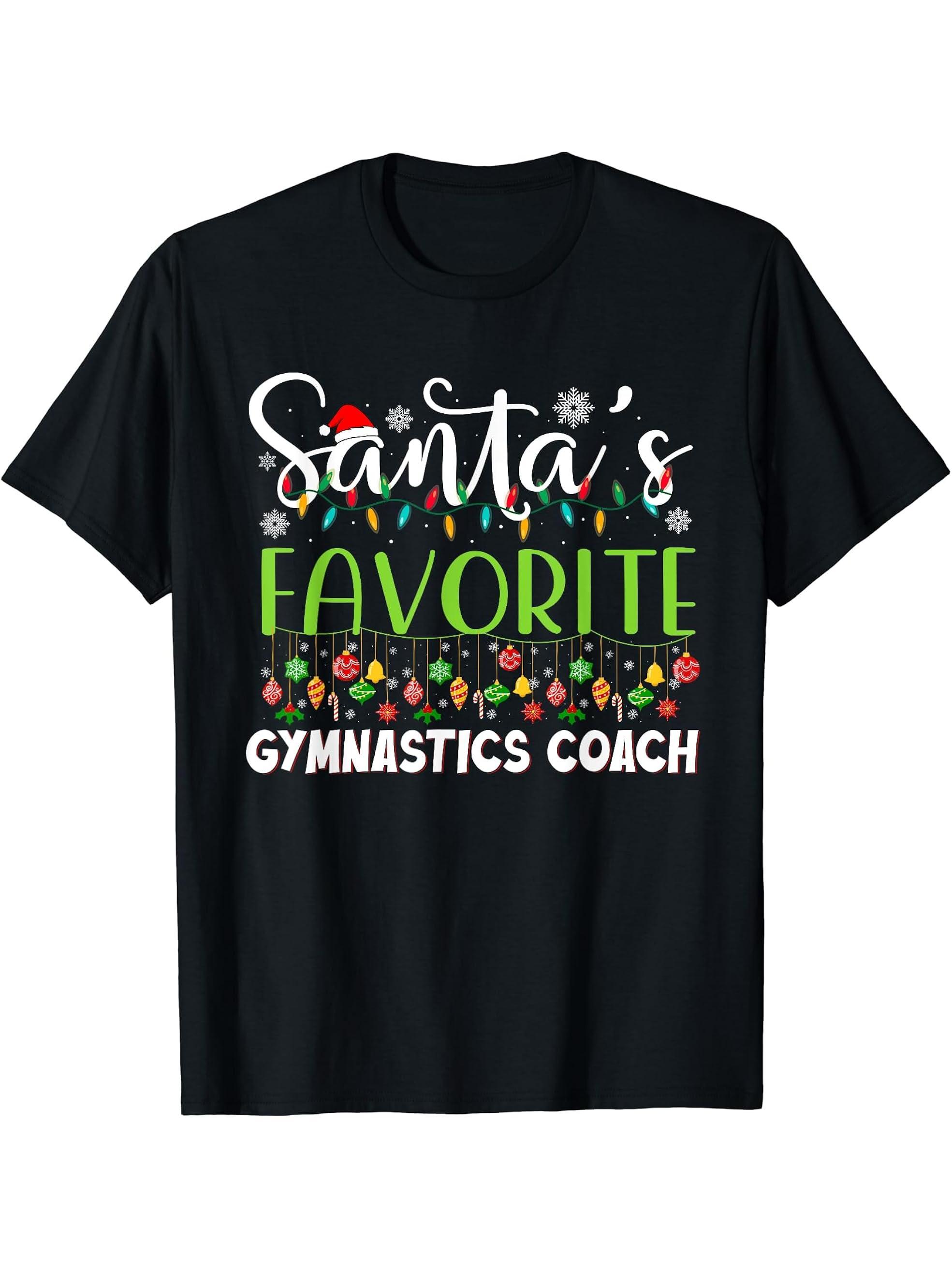 Santa Claus Christmas Santa's Favorite Gymnastics Coach T-Shirt 180G 100% Cotton Printed Round Neck Short-Sleeve T-Shirt, Gifts for Men Dad Husband Grandpa, S-XXXL, Black