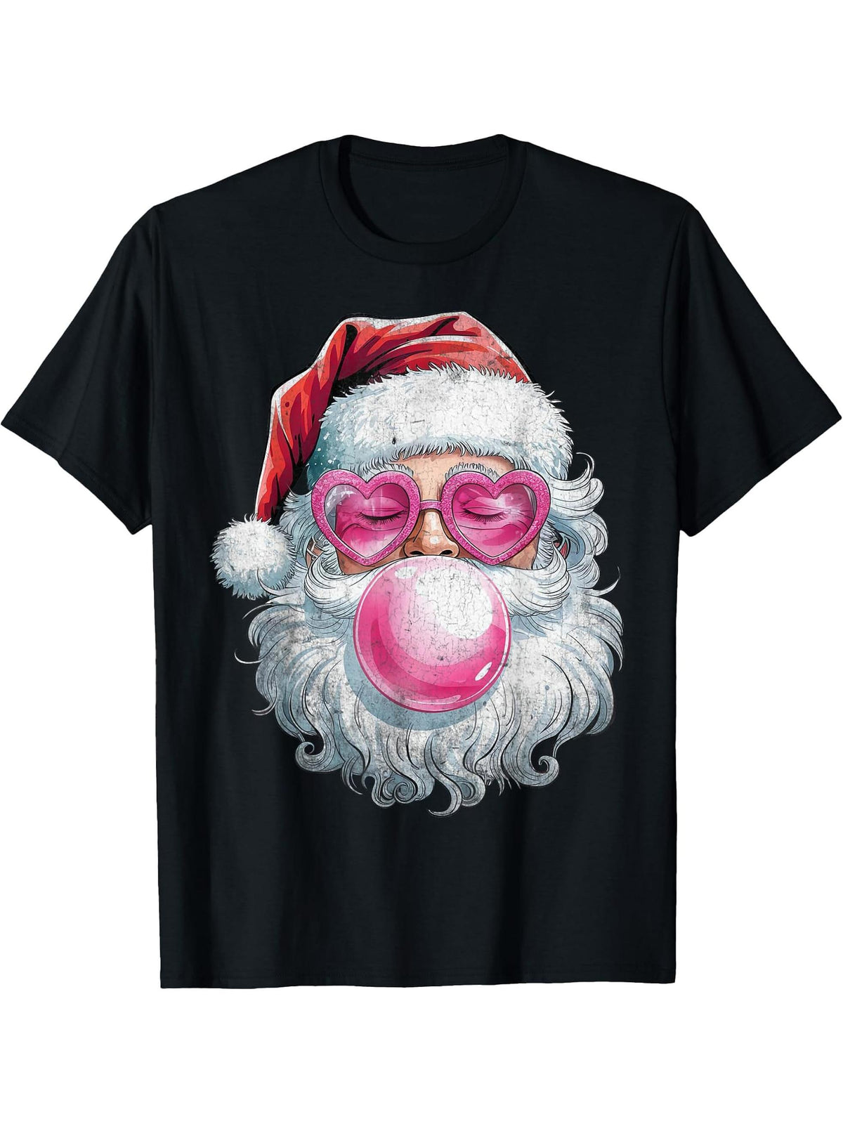 Vintage Santa Bubble Gum Pink Heart Sunglasses Christmas T-Shirt 180G 100% Cotton Printed Round Neck Short-Sleeve T-Shirt, Gifts for Men Dad Husband Grandpa, S-XXXL, Black