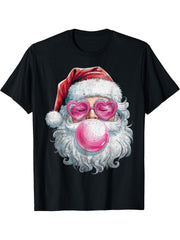 Vintage Santa Bubble Gum Pink Heart Sunglasses Christmas T-Shirt 180G 100% Cotton Printed Round Neck Short-Sleeve T-Shirt, Gifts for Men Dad Husband Grandpa, S-XXXL, Black