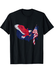 American Bald Eagle with Flag USA 4th of July Patriotic T-Shirt 180G 100% Cotton Printed Round Neck Short-Sleeve T-Shirt, Gifts for Men Dad Husband Grandpa, S-XXXL, Black