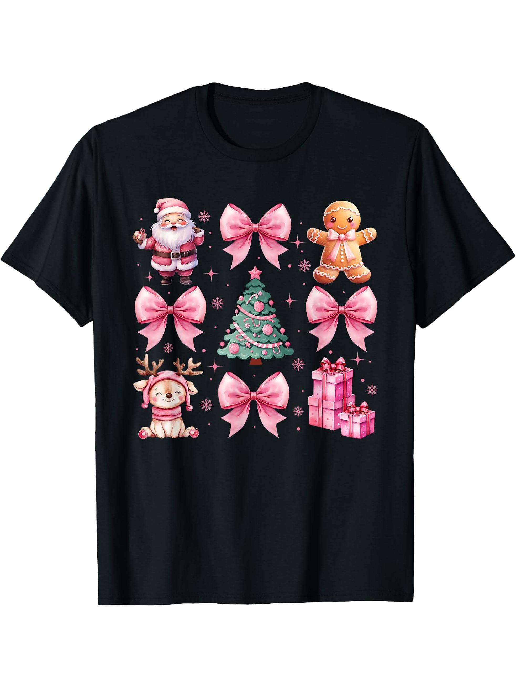 Pink Coquette Bow Santa Gingerbread Christmas Cute Girl Xmas T-Shirt 180G 100% Cotton Printed Round Neck Short-Sleeve T-Shirt, Gifts for Men Dad Husband Grandpa, S-XXXL, Black