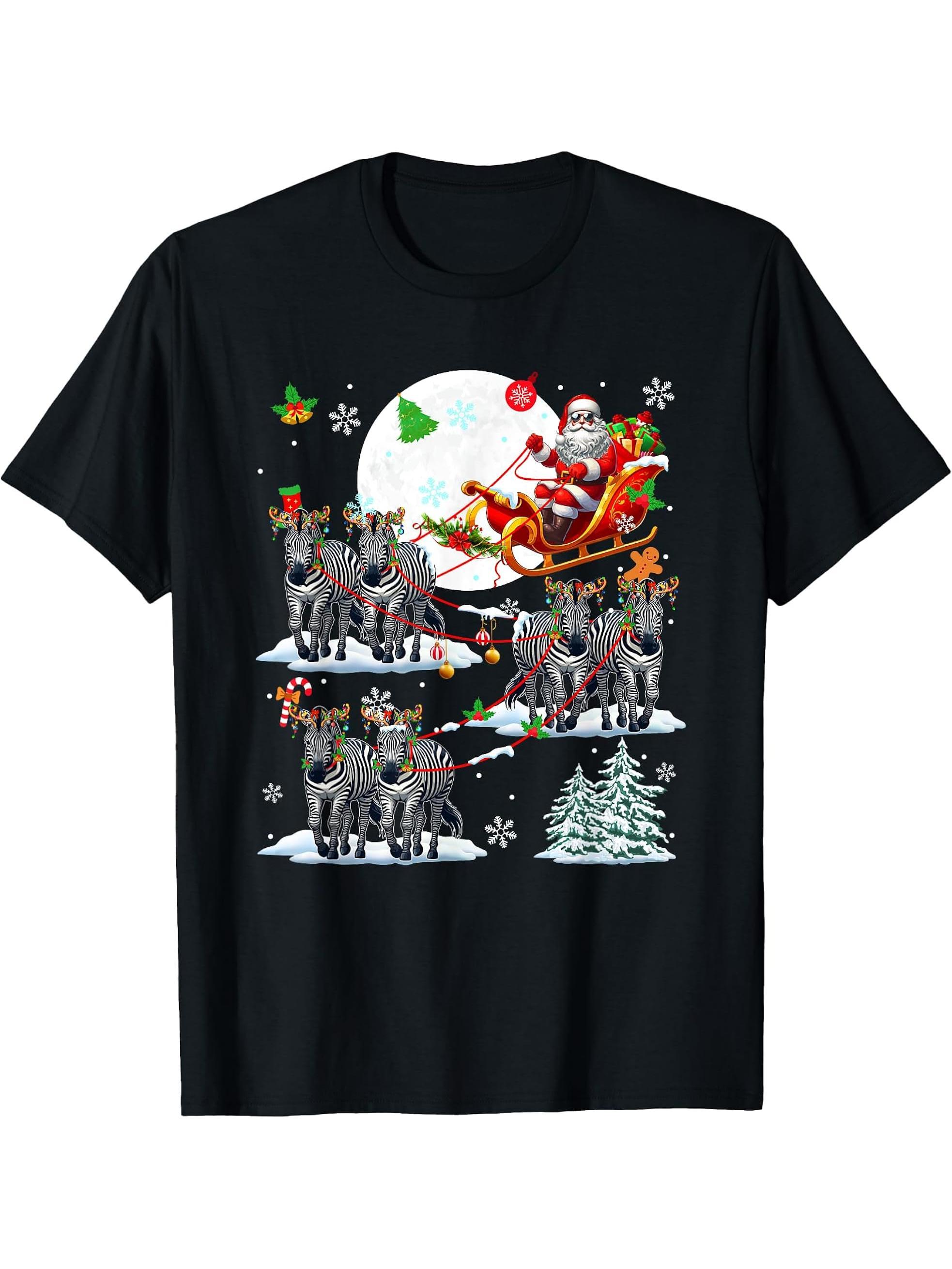 Xmas Santa Sunglasses Sleigh Reindeer Zebras Wild Animals T-Shirt 180G 100% Cotton Printed Round Neck Short-Sleeve T-Shirt, Gifts for Men Dad Husband Grandpa, S-XXXL, Black