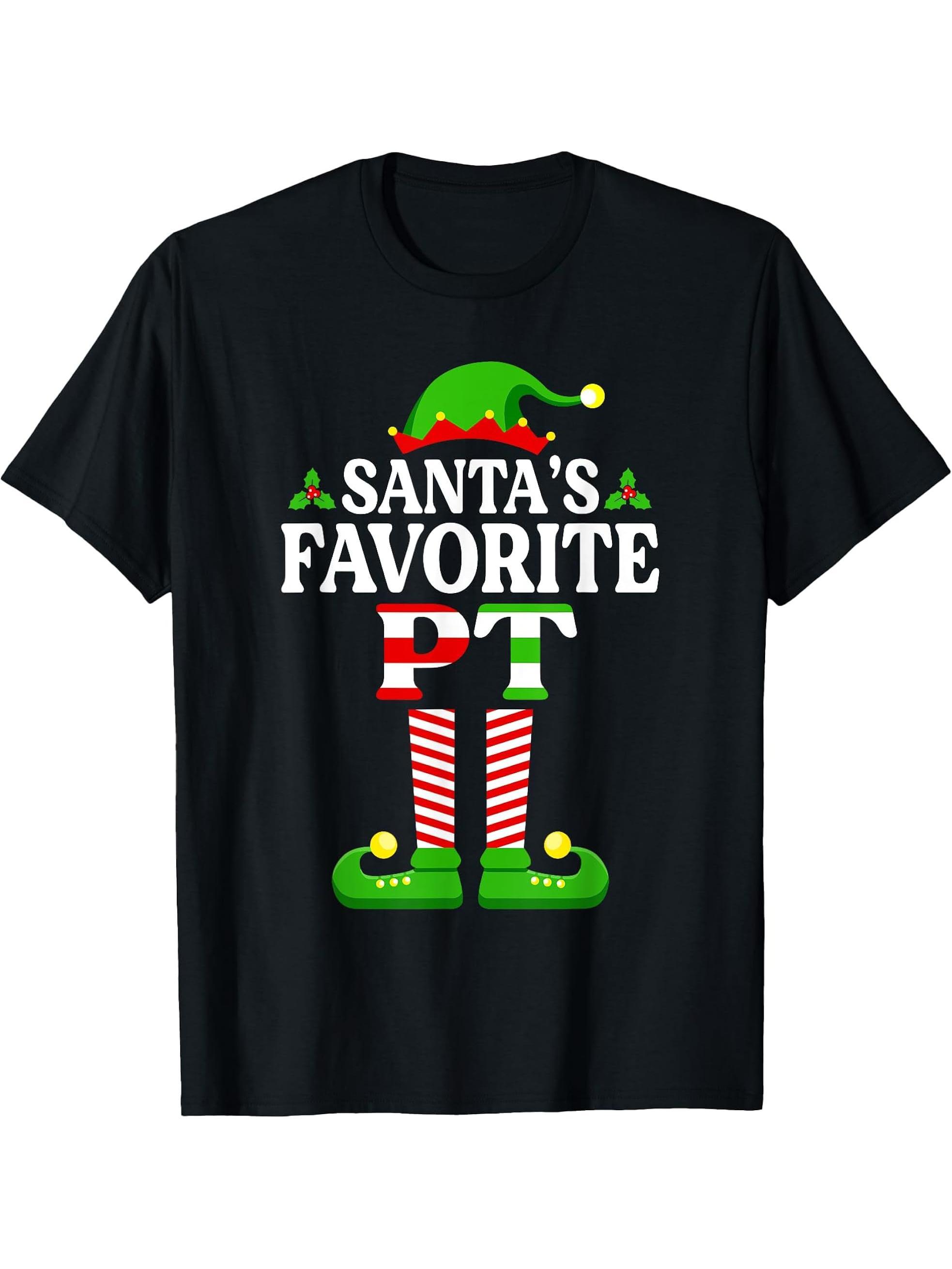 Santa's Favorite PT Shirt Physical Therapist Christmas T-Shirt 180G 100% Cotton Printed Round Neck Short-Sleeve T-Shirt, Gifts for Men Dad Husband Grandpa, S-XXXL, Black