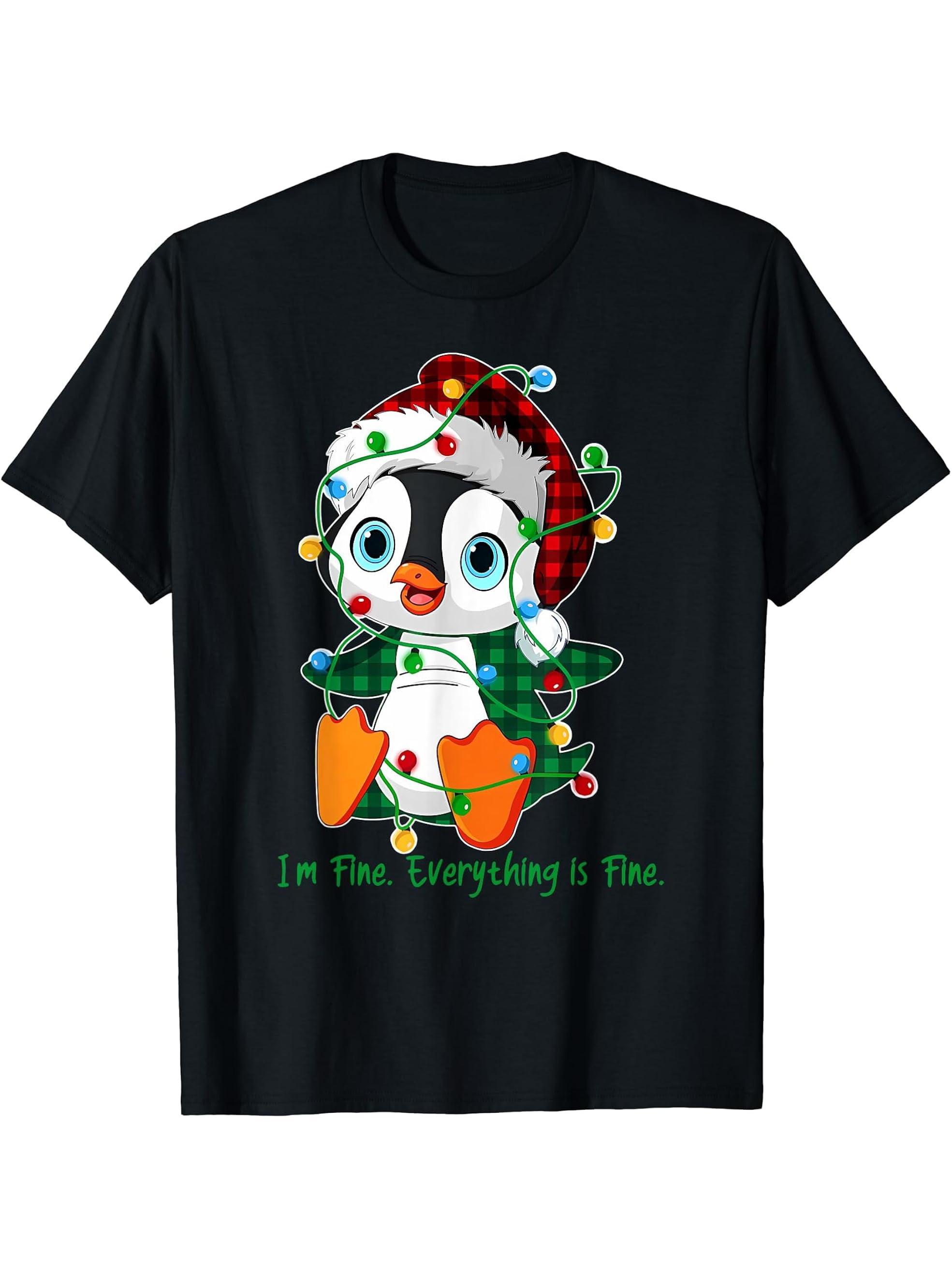 I'm Fine Everything Is Fine Christmas Penguin Santa T-Shirt 180G 100% Cotton Printed Round Neck Short-Sleeve T-Shirt, Gifts for Men Dad Husband Grandpa, S-XXXL, Black