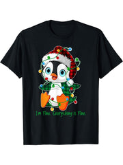 I'm Fine Everything Is Fine Christmas Penguin Santa T-Shirt 180G 100% Cotton Printed Round Neck Short-Sleeve T-Shirt, Gifts for Men Dad Husband Grandpa, S-XXXL, Black