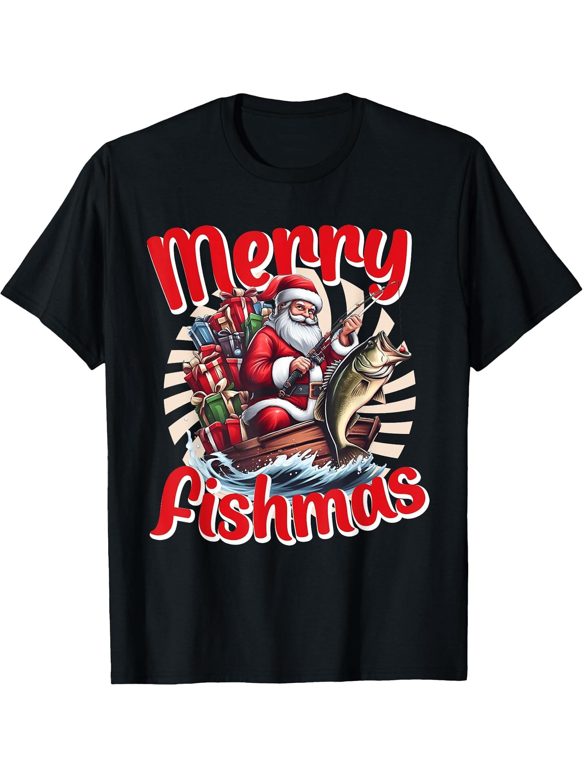 Boy Girl Boys Men Santa Claus Fishing Merry Fishmas Christmas T-Shirt 180G 100% Cotton Printed Round Neck Short-Sleeve T-Shirt, Gifts for Men Dad Husband Grandpa, S-XXXL, Black