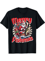 Boy Girl Boys Men Santa Claus Fishing Merry Fishmas Christmas T-Shirt 180G 100% Cotton Printed Round Neck Short-Sleeve T-Shirt, Gifts for Men Dad Husband Grandpa, S-XXXL, Black