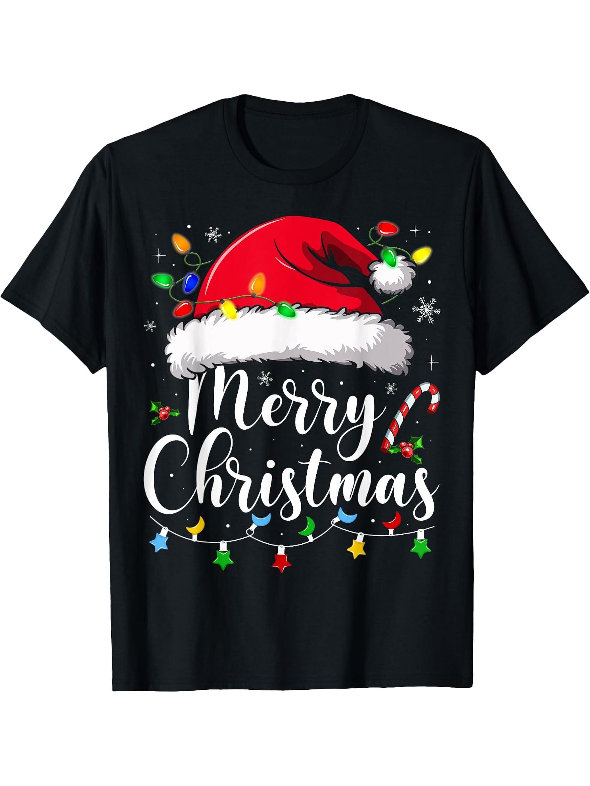 Merry Christmas Lights Red Santa Hat Xmas Family Men Women T-Shirt 180G 100% Cotton Printed Round Neck Short-Sleeve T-Shirt, Gifts for Men Dad Husband Grandpa, S-XXXL, Black