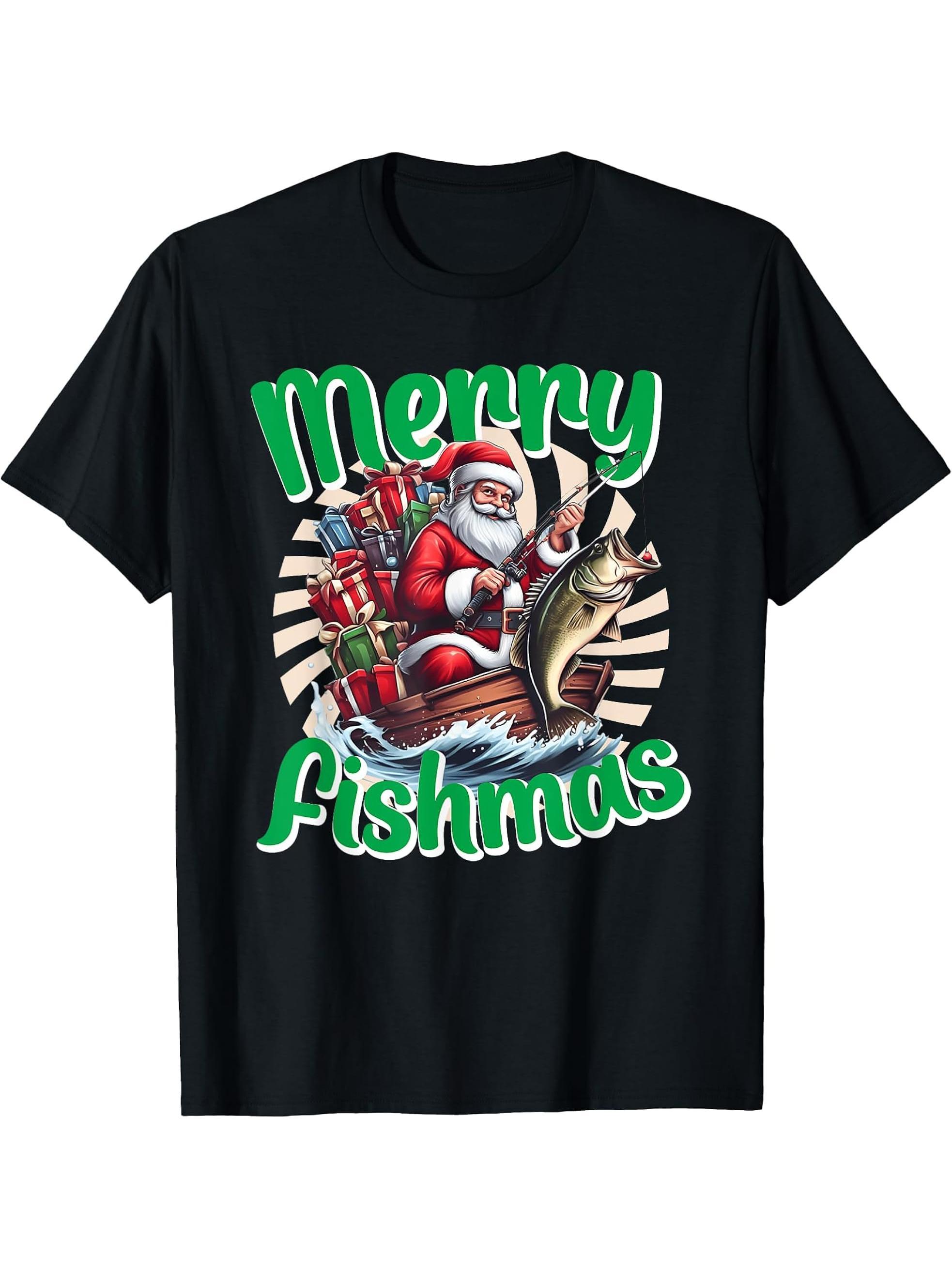 Santa Claus Fishing Merry Fishmas Christmas Boy Girl Boys Men T-Shirt 180G 100% Cotton Printed Round Neck Short-Sleeve T-Shirt, Gifts for Men Dad Husband Grandpa, S-XXXL, Black