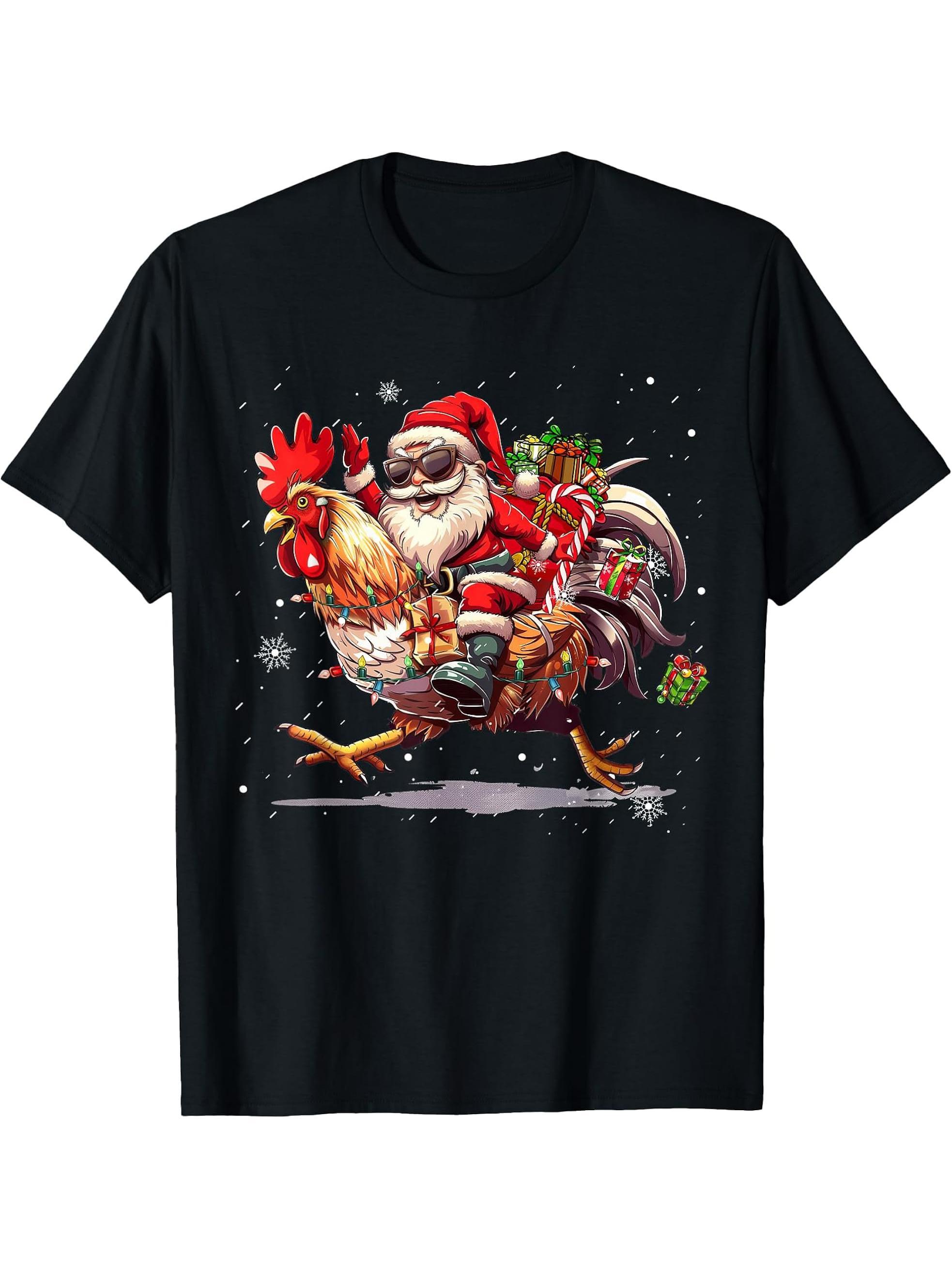 Santa Chicken Christmas Lights Funny Xmas Chicken Lover T-Shirt 180G 100% Cotton Printed Round Neck Short-Sleeve T-Shirt, Gifts for Men Dad Husband Grandpa, S-XXXL, Black