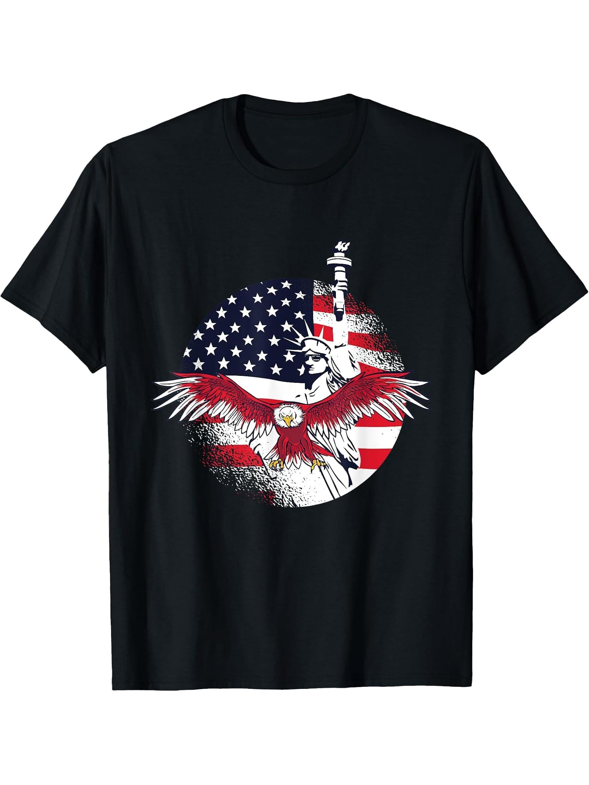 American Flag Bald Eagle Statue of Liberty July 4th USA T-Shirt 180G 100% Cotton Printed Round Neck Short-Sleeve T-Shirt, Gifts for Men Dad Husband Grandpa, S-XXXL, Black