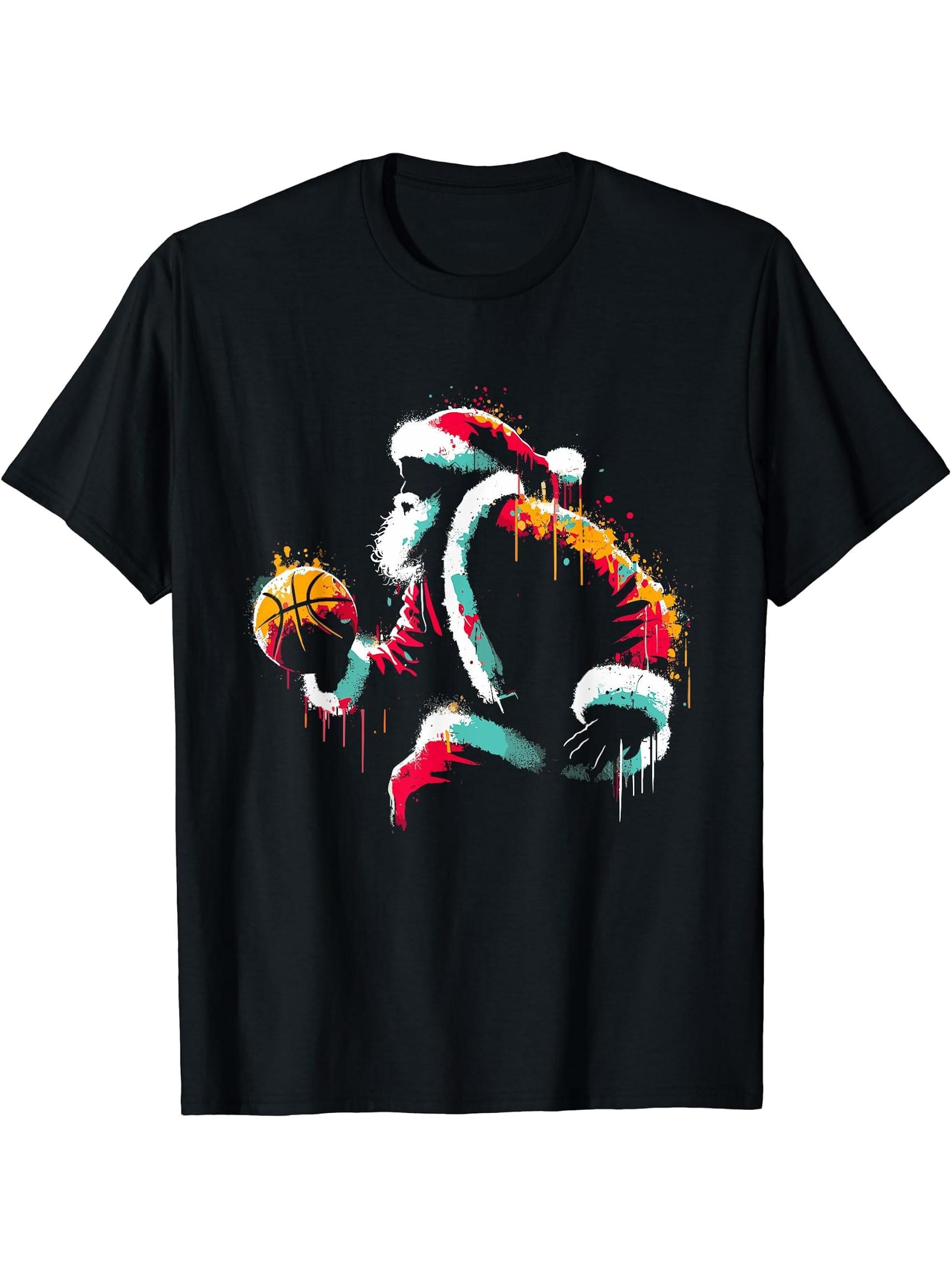 Santa Claus Basketball - Vintage Christmas Costume Lover T-Shirt 180G 100% Cotton Printed Round Neck Short-Sleeve T-Shirt, Gifts for Men Dad Husband Grandpa, S-XXXL, Black