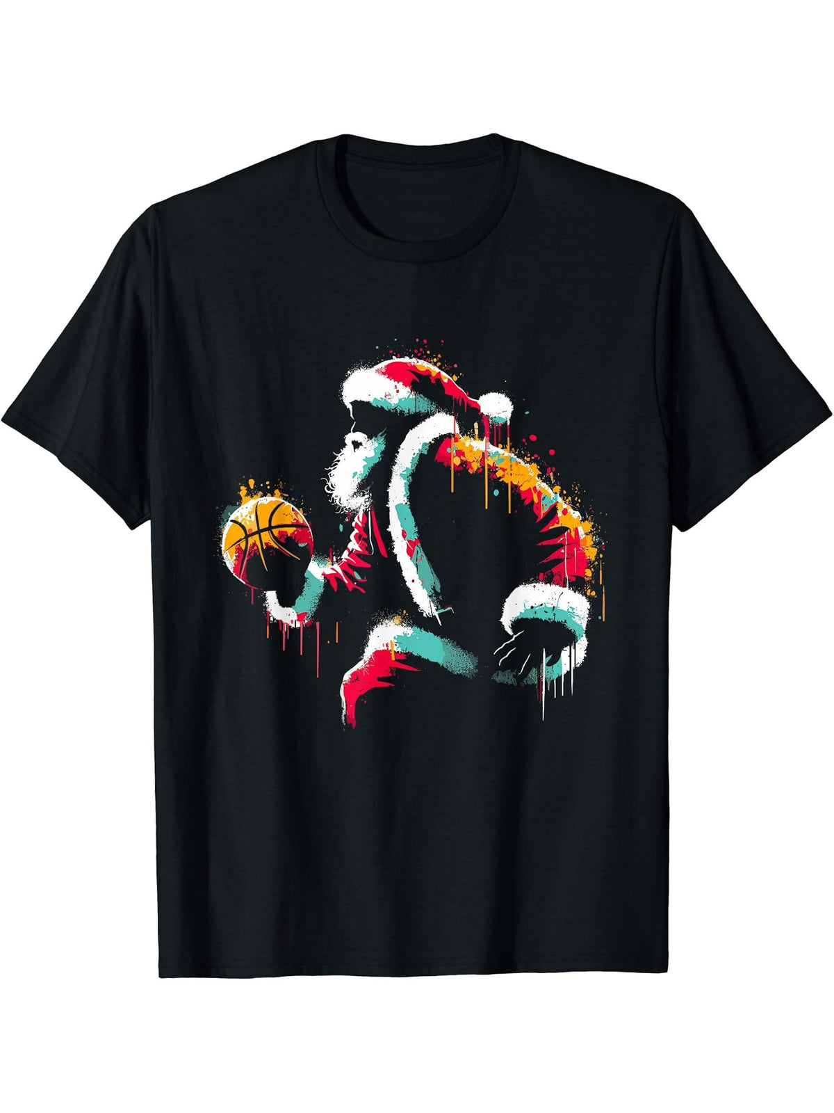 Santa Claus Basketball - Vintage Christmas Costume Lover T-Shirt 180G 100% Cotton Printed Round Neck Short-Sleeve T-Shirt, Gifts for Men Dad Husband Grandpa, S-XXXL, Black